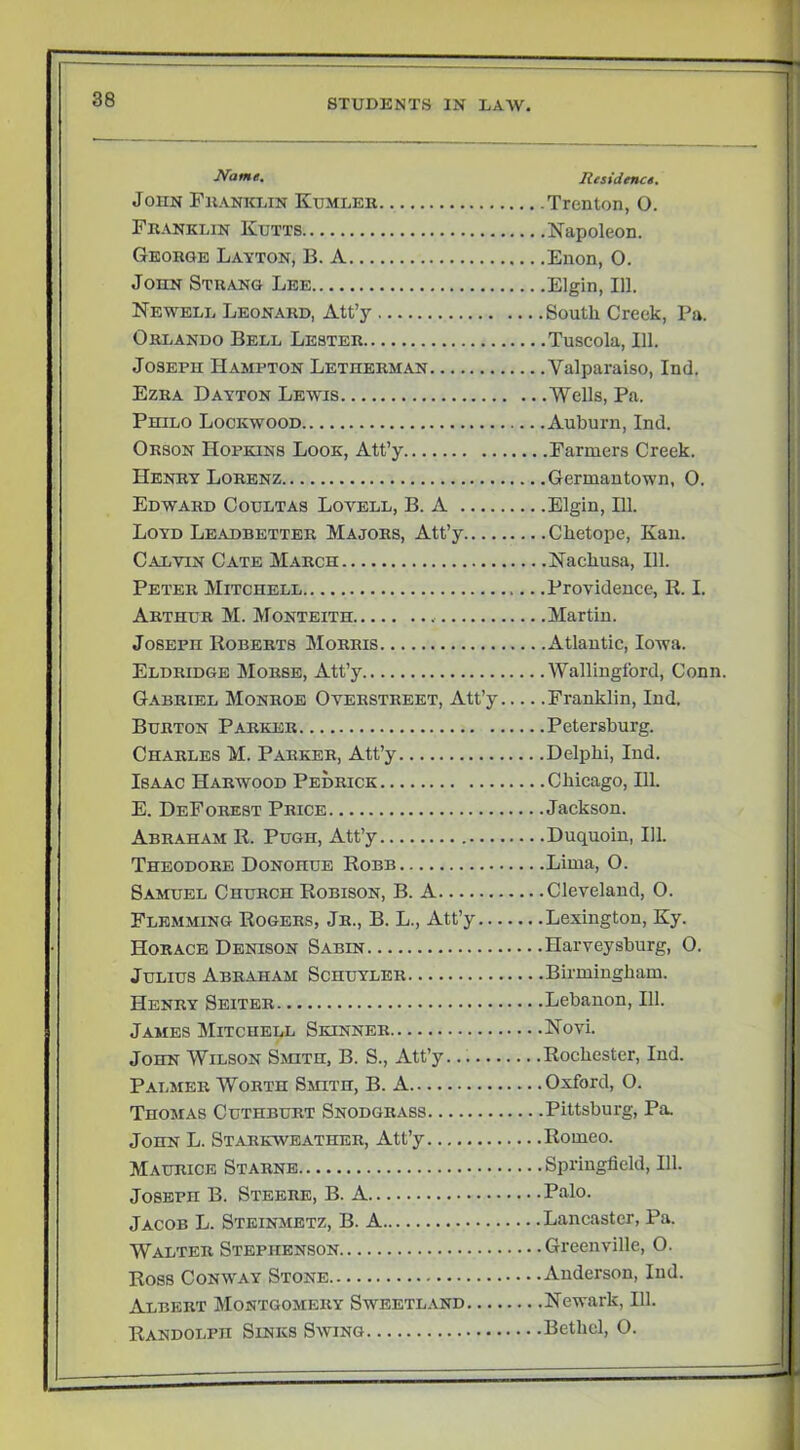 Nome, Rtsidence. John Fhanklin Kumler Trenton, O. Franklin Kutts Napoleon. George Layton, B. A Enon, 0. John Strang Lee Elgin, 111. Newell Leonard, Att’y South Creek, Pa. Orlando Bell Lester Tuscola, 111. Joseph Hampton Letherman Valparaiso, Ind. Ezra Dayton Lewis Wells, Pa. Philo Lockwood Auburn, Ind. Orson Hopkins Look, Att’y Farmers Creek. Henry Lorenz Germantown, 0. Edward Coultas Lovell, B. A Elgin, 111. Loyd Leadbetter Majors, Att’y Chetope, Kan. Calvin Cate March Nachusa, 111. Peter Mitchell Providence, R. I. Arthur M. Monteith Martin. Joseph Roberts Morris Atlantic, Iowa. Eldridge Morse, Att’y Wallingford, Conn. Gabriel Monroe Overstreet, Att’y Franklin, Ind. Burton Parker Petersburg. Charles M. Parker, Att’y Delphi, Ind. Isaac Harwood Pedrick Chicago, 111. E. Deforest Price Jackson. Abraham R. Pugh, Att’y Duquoin, 111. Theodore Donohue Robb Lima, 0. Samuel Church Robison, B. A Cleveland, O. Flemming Rogers, Jr., B. L., Att’y Lexington, Ky. Horace Denison Sabin Harveysburg, 0. Julius Abraham Schuyler Birmingham. Henry Seiter Lebanon, 111. James Mitchell Skinner Novi. John Wilson Smith, B. S., Att’y. Rochester, Ind. Palmer Worth Smith, B. A Oxford, O. Thomas Cuthburt Snodgrass Pittsburg, Pa. John L. Starkweather, Att’y Romeo. Maurice Starne Springfield, 111. Joseph B. Steere, B. A Palo. Jacob L. Steinmbtz, B. A Lancaster, Pa. Walter Stephenson Greenville, O. Ross Conway Stone Anderson, Ind. Albert Montgomery Sweetland Newark, 111. Randolph Sinks Swing Bethel, O.