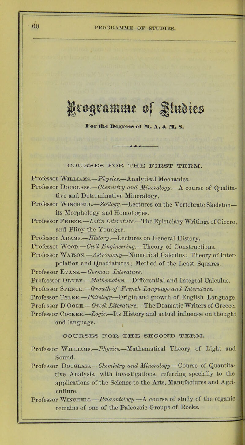 GO irograjHJUc of JtttSjteo For tlic Degrees of OT. A. A: M. S. COXJRSEe EOia the first term. Professor Williams—P/ty«tcs.—Analytical Mechanics. Professor Douglass.—Chemistry and Mineralogy.—A course of Qualita- tive and Determinative Mineralogy. Professor WiNCHELL.—Zoo%y.—Lectures on the Vertebrate Skeleton— its Morpliology and Homologies. Professor Frieze.—Latin Literature.—The Epistolary Writings of Cicero, and Pliny the Younger. Professor Adams.—IListory.—Lectures on General History. Professor Wood.—Civil Engineering.—Theory of Constructions. Professor Watson.—Astronomy—Numerical Calculus; Theory of Inter- polation and Quadratures; Method of the Least Squares. Professor Evans.— German Literature. Professsor Olnev.—Mathematics.—Differential and Integral Calculus. Professor Spence.—Orcncth of French Language and Literature. Professor Tyler.—Philology—Origin and growth of English Language. Professor D’Ooge.— Greek Literature.—The Dramatic Writers of Greece. Professor Cocker.—Logic.—Its History and actual influence on thought and language. ^ COURSES FOR THE SECOND TERM. Professor Willi^vms.—Physics.—Mathematical Theory of Light and Sound. Professor Douglass.—Chemistry and Mineralogy.—Course of Quantita- tive Analysis, with investigations, referring specially to the applications of the Science to the Arts, Manufactures and Agri- culture. Professor Winchell.—Palmontology.—A course of study of the organic remains of one of the Paleozoic Groups of Rocks.