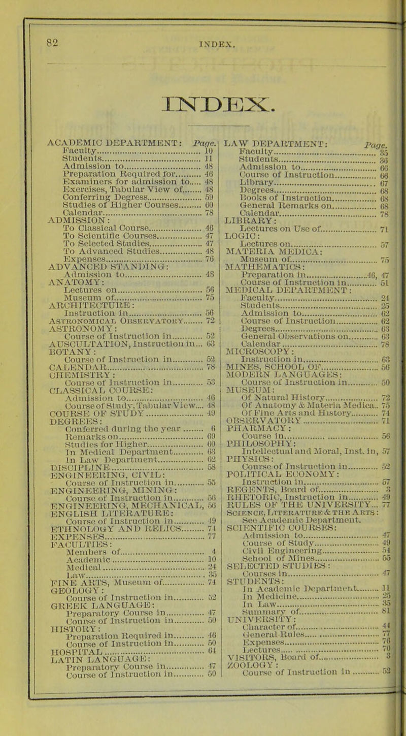 INDEX. ACADEMIC DEPARTMENT: Paffe. Faculty 10 Students II Admission to 48 Preparation Required for 4(5 Examiners for julmisslon to 48 Exercises, Tabular View of. 48 Conferring Degress 5!) Studies of Higher Courses (50 Calendar 78 ADMISSION: To Classical Course 40 To Seiontifle Courses 47 To Selected Studies 47 To Advanced Studies 48 Expenses 70 ADVANCED STANDING: Admission to 48 AN.VrOMY: Lectures on oO Museum of. 75 ARCHITECTURE: Instruction in 50 ASTRONOMICAI. OnSEUVATORY 72 ASTRONOMY: Course of Instruction in 52 AUSCULTATION, Instruction in... 00 BOTANY: Course of Instruction in 52 C.YLENDAR 78 CHEMISTRY : Course of Instruction in 53 CXiASSICAL COURSE: Admission to 40 Course of Study, Tabular Vlew.... 18 COURSE OF STUDY 40 DEGREES: Conferred during the year 0 Remarks on 09 Studies for Higher 00 In Medical Department ;. 0:1 In Law Department 02 DISCIPLINE 53 ENGINEERING, CIVIL: Course of Tiustruction in 55 ENGINEERING, MINING: Course of Instruction in 50 ENGINEERING, MECHANICAL, 50 ENGLISH LITER.VrURE: Conr.se of Instruction in 19 ETHNOLOGY AND RELICS 74 EXPENSES 77 F.\OUI/ITES: AIenil)ers of 4 Academic 10 Medical 24 La w :i> FINE ARTS, Museum of. 74 GEOLOGY: Course of Instruction in .52 GREEK; LANGUAGE; Preparatory Course in 47 Course of Instruction in 50 HISTORY: Preparation Required in 40 Course of Instruction In .50 HOSPITAL 31 LATIN LANGUAGE: I’roparatory Course in 47 Coui-se of In.struetlon in 50 LA \V DEPARTMEN T: Paoe. Faculty S-'i Students g(j Admission to oO Course of Instruction 06 Library 07 Degrees C8 Books of Instruction 6s General Remarks on 68 Calendar 76 lABRARY: Jjectures on Use of. 7i LOGIC: Lectures on 57 MATERIA MEDICA: Museum of. 75 M.VmEMATICS: Preparation In 46, 47 Course of Instruction in 51 MEDICAL DEI’ARTMENT : Faculty 21 Students 25 Admission to 02 Course of Instruction 02 Degrees 0:3 General Observations on C-l Calendar 78 MICROSCOPY: In.struction in 03 MINES, SCHOOL OF 50 MODERN LANGUAGES: Course of Instruction in 50 .MUSEUM: Of Natural History 72 Of Anatomy ifc Materia Mediea.. 75 Of Fine Arts and History 71 OBSERVATORY 71 PHARIMACY : Course in 50 PHILOSOPHY: Intellectual and Moral, Inst, in, 57 PHYSICS: Course of In.struction in .52 POLITICAL ECONOMY: Instruction in 67 REGENTS, Board of. :J RHETORIC, Instruction in 49 RULES OF THE UNIVERSITY... 77 Science, Lttehatuke& the Arts : See Academic DepartmeuL SCIENTIFIC COURSES: .\dml.s.sion to 47 Course of Stud.y (Uvil Engineering .School of ;Mlnes SEI.ECTED STUDIES: Courses in STUDENTS: In Academic Departmer.t. In iSledicine In I.aw Summary of. UNIVERSITY: (.Ilmracter of. - General Rules Expenses Lectures VISITORS, Board of ZOOLOGV: Coui’se of Instruction In ... 49 ... 54 ... 55 .. 47 .. 11 ... 25, ... 35 .. 81 _ 41 ... 77 - ... 70 .. 70 .. 3 ,53