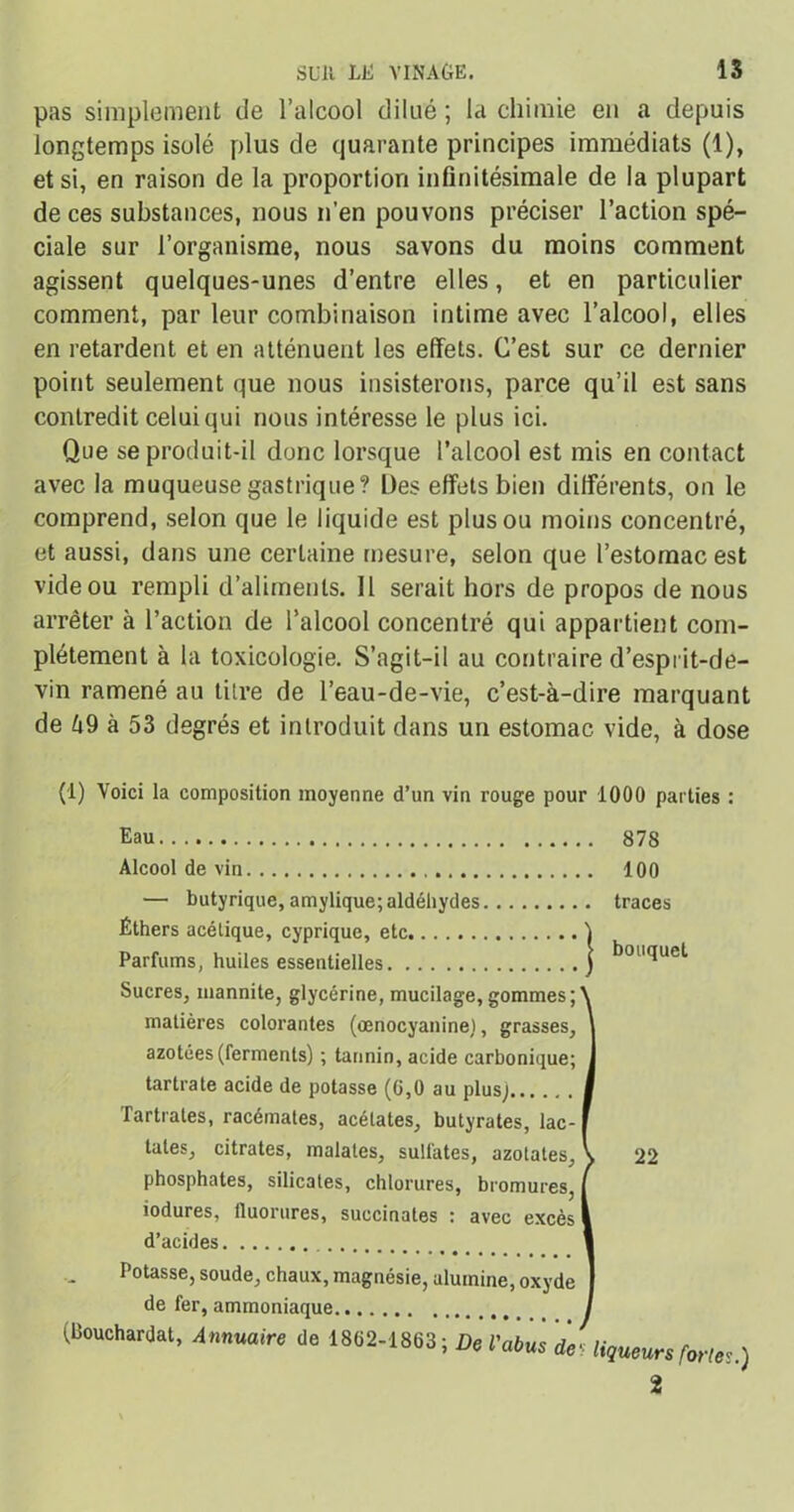 pas simplement de l’alcool dilué ; la chimie en a depuis longtemps isolé plus de quarante principes immédiats (1), et si, en raison de la proportion infinitésimale de la plupart de ces substances, nous n’en pouvons préciser l’action spé- ciale sur l’organisme, nous savons du moins comment agissent quelques-unes d’entre elles, et en particulier comment, par leur combinaison intime avec l’alcool, elles en retardent et en atténuent les effets. C’est sur ce dernier point seulement que nous insisterons, parce qu’il est sans contredit celui qui nous intéresse le plus ici. Que se produit-il donc lorsque l’alcool est mis en contact avec la muqueuse gastrique? Des effets bien différents, on le comprend, selon que le liquide est plus ou moins concentré, et aussi, dans une certaine mesure, selon que l’estomac est vide ou rempli d’aliments. 11 serait hors de propos de nous arrêter à l’action de l’alcool concentré qui appartient com- plètement à la toxicologie. S’agit-il au contraire d’esprit-de- vin ramené au titre de l’eau-de-vie, c’est-à-dire marquant de à9 à 53 degrés et introduit dans un estomac, vide, à dose (1) Voici la composition moyenne d’un vin rouge pour 1000 parties : Eau 878 Alcool de vin 100 — butyrique, amylique; aldéhydes traces Éthers acétique, cyprique, etc 1 Parfums, huiles essentielles 1 bouqui Sucres, mannite, glycérine, mucilage, gommes ;\ matières colorantes (œnocyaninej, grasses, \ azotées (ferments) ; tannin, acide carbonique; J tartrate acide de potasse (0,0 au plusj I Tartrates, racémales, acétates, butyrates, lac- f taies, citrates, malales, sulfates, azotates, \ 22 phosphates, silicates, chlorures, bromures, J iodures, tluorures, succinates : avec excès 1 d’acides 1 Potasse, soude, chaux, magnésie, alumine, oxyde 1 de fer, ammoniaque I (Bouchardat, Ammire de 1802-1863; Z>, l'abus *' tueurs forte,.) 2