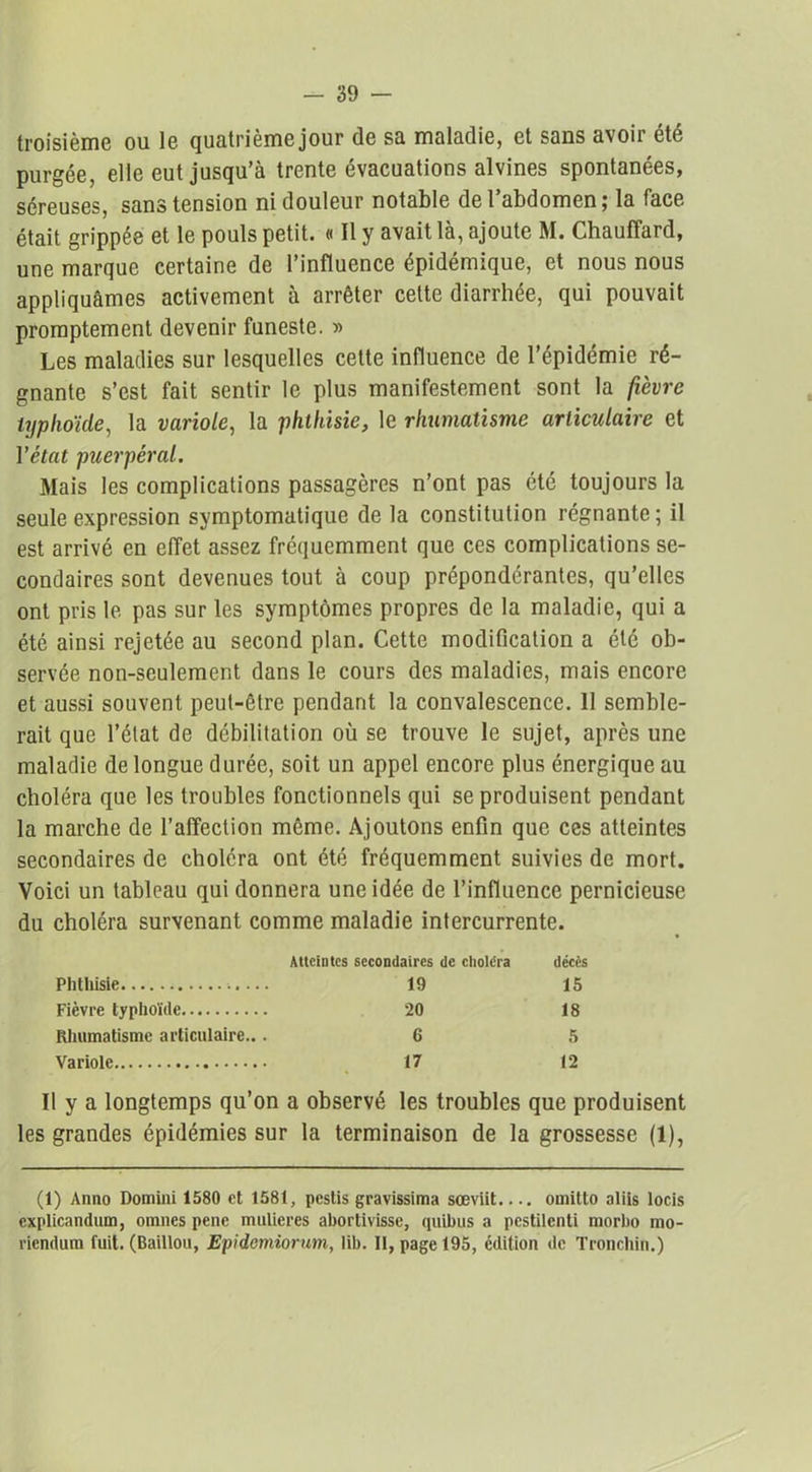 troisième ou le quatrième jour de sa maladie, et sans avoir été purgée, elle eut jusqu’à trente évacuations alvines spontanées, séreuses, sans tension ni douleur notable de l’abdomen; la face était grippée et le pouls petit. « Il y avait là, ajoute M. Chauffard, une marque certaine de l’influence épidémique, et nous nous appliquâmes activement à arrêter cette diarrhée, qui pouvait promptement devenir funeste. » Les maladies sur lesquelles cette influence de l’épidémie ré- gnante s’est fait sentir le plus manifestement sont la fièvre typhoïde, la variole, la phthisie, le rhumatisme articulaire et Yétat puerpéral. Mais les complications passagères n’ont pas été toujours la seule expression symptomatique de la constitution régnante; il est arrivé en effet assez fréquemment que ces complications se- condaires sont devenues tout à coup prépondérantes, qu’elles ont pris le pas sur les symptômes propres de la maladie, qui a été ainsi rejetée au second plan. Cette modification a été ob- servée non-seulement dans le cours des maladies, mais encore et aussi souvent peut-être pendant la convalescence. II semble- rait que l’état de débilitation où se trouve le sujet, après une maladie de longue durée, soit un appel encore plus énergique au choléra que les troubles fonctionnels qui se produisent pendant la marche de l’affection même. Ajoutons enfin que ces atteintes secondaires de choléra ont été fréquemment suivies de mort. Voici un tableau qui donnera une idée de l’influence pernicieuse du choléra survenant comme maladie intercurrente. Atteintes secondaires de choléra décès Phthisie 19 15 Fièvre typhoïde 20 18 Rhumatisme articulaire.. . 6 5 Variole 17 12 Il y a longtemps qu’on a observé les troubles que produisent les grandes épidémies sur la terminaison de la grossesse (1), (1) Anno Domini 1580 et 1581, pcstis gravissima soeviit.... omitto aliis locis cxplicandum, omnes pene mulieres aborlivissc, quibus a pcstilcnti morbo rao- riendum fuit. (Baillou, Epidemiorum, lib. Il, page 195, édition de Tronchin.)