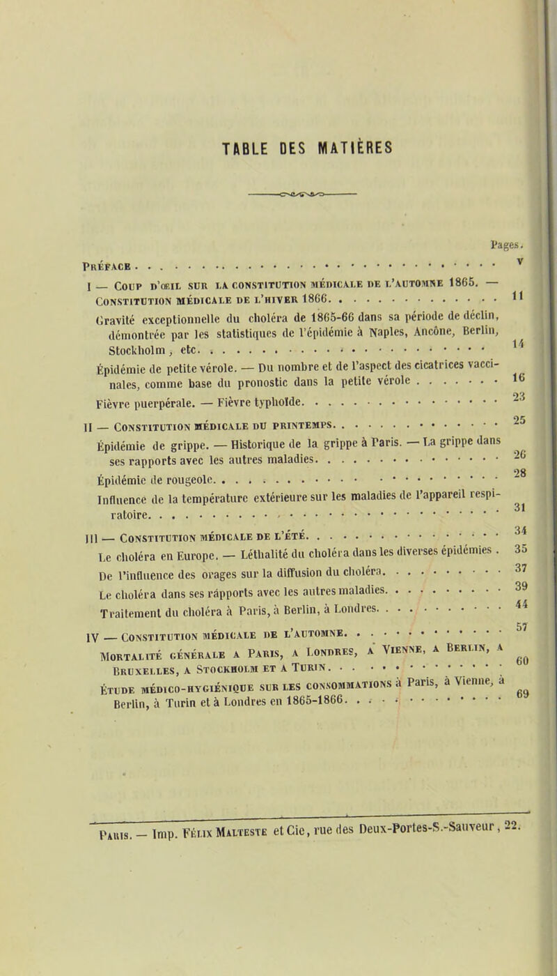 TABLE DES MATIÈRES OC^NSO- Pages. Préface v 1_ coup d’oeil sur la constitution médicale de l’automne 1865. — Constitution médicale de l’hiver 1866 *' Gravité exceptionnelle du choléra de 1865-66 dans sa période de déclin, démontrée par les statistiques de l’épidémie à Naples, Ancône, Berlin, Stockholm, etc. s » Épidémie de petite vérole. — Du nombre et de l’aspect des cicatrices vacci- nales, comme base du pronostic dans la petite vérole 16 Fièvre puerpérale. — Fièvre typhoïde 24 , oc H _ constitution medicale du printemps Épidémie de grippe. — Historique de la grippe à Taris. — La grippe dans ses rapports avec les autres maladies 2(i og Épidémie de rougeole Influencé de la température extérieure sur les maladies de l’appareil respi- ratoire . >. « 34 III — Constitution medicale de l ete Le choléra en Europe. — Léthalité du choléra dans les diverses épidémies . 35 De l’influence des orages sur la diffusion du choléra 37 Le choléra dans ses rapports avec les autres maladies 39 Traitement du choléra à Paris, à Berlin, à Londres 44 57 IV constitution médicale de l’automne Mortalité générale a Paris, a Londres, a Vienne, a Berlin, a ^ Bruxelles, a Stockholm et a Turin ' ' ’ ‘ Étude médico-hygiénique sur les consommations a Paris, a Vienne, a ^ Berlin, à Turin et à Londres en 1865-1866. . . • • p4UjS. _ imp. Félix Malteste etCic, rue des Deux-Portes-S.-Sauveur, 22.