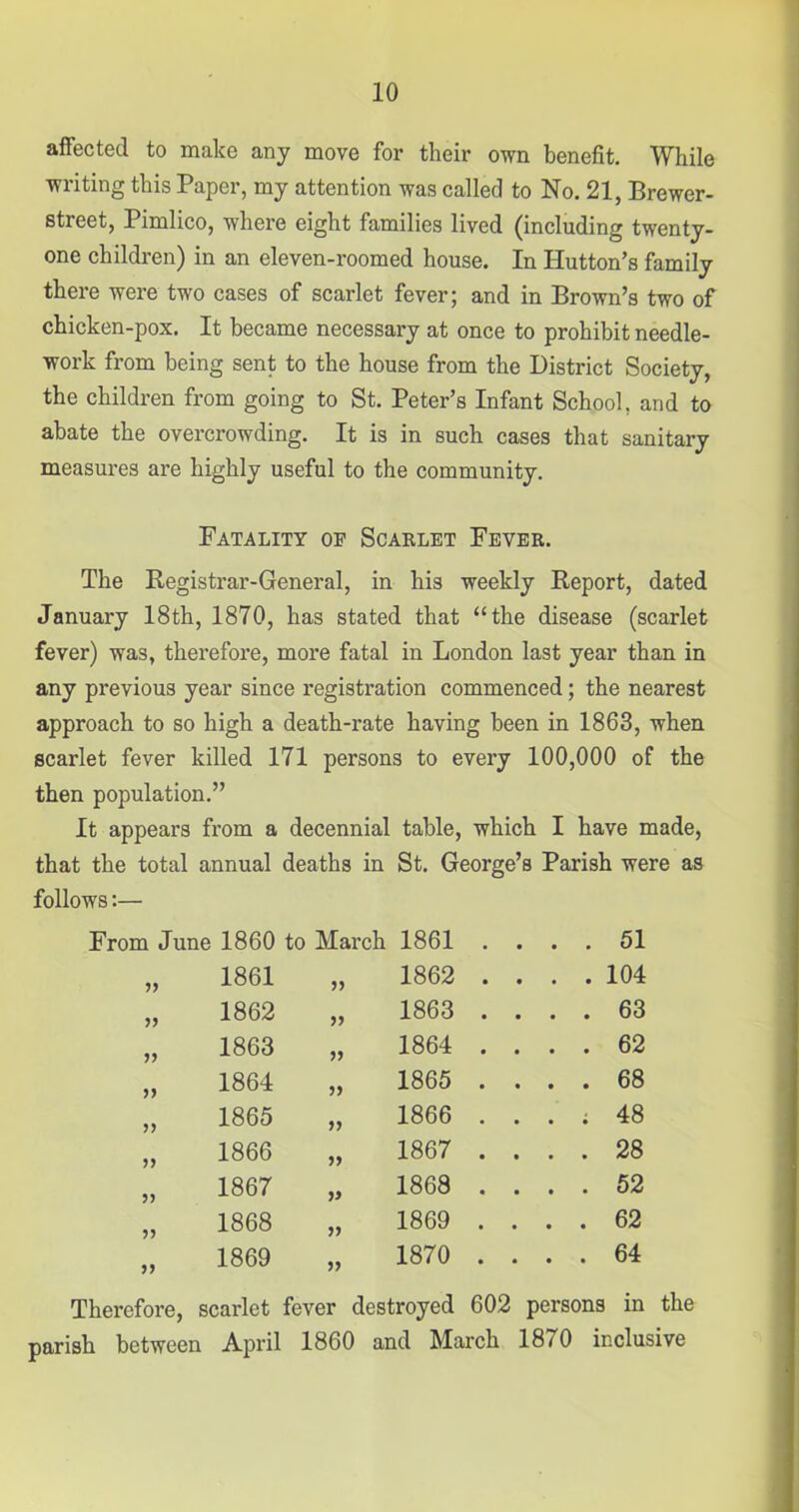 affected to make any move for their own benefit. While writing this Paper, my attention was called to No. 21, Brewer- street, Pimlico, where eight families lived (including twenty- one children) in an eleven-roomed house. In Hutton’s family there were two cases of scarlet fever; and in Brown’s two of chicken-pox. It became necessary at once to prohibit needle- work from being sent to the house from the District Society, the children from going to St. Peter’s Infant School, and to abate the overcrowding. It is in such cases that sanitary measures are highly useful to the community. Fatality of Scarlet Fever. The Begistrar-General, in his weekly Report, dated January 18th, 1870, has stated that “the disease (scarlet fever) was, therefore, more fatal in London last year than in any previous year since registration commenced; the nearest approach to so high a death-rate having been in 1863, when scarlet fever killed 171 persons to every 100,000 of the then population.” It appears from a decennial table, which I have made, that the total annual deaths follows:— in St. George’s Parish were as From June 1860 to March 1861 • • . 51 99 1861 99 1862 • • . . 104 99 1862 99 1863 • • • • 63 99 1863 99 1864 • • • • 62 99 1864 99 1865 • • • • 68 99 1865 99 1866 • • • 48 99 1866 99 1867 • • • • 28 99 1867 99 1868 • • • • 52 99 1868 99 1869 • • • • 62 99 1869 99 1870 • • • • 64 Therefore, scarlet fever destroyed 602 persons in the parish between April 1860 and March 1870 inclusive