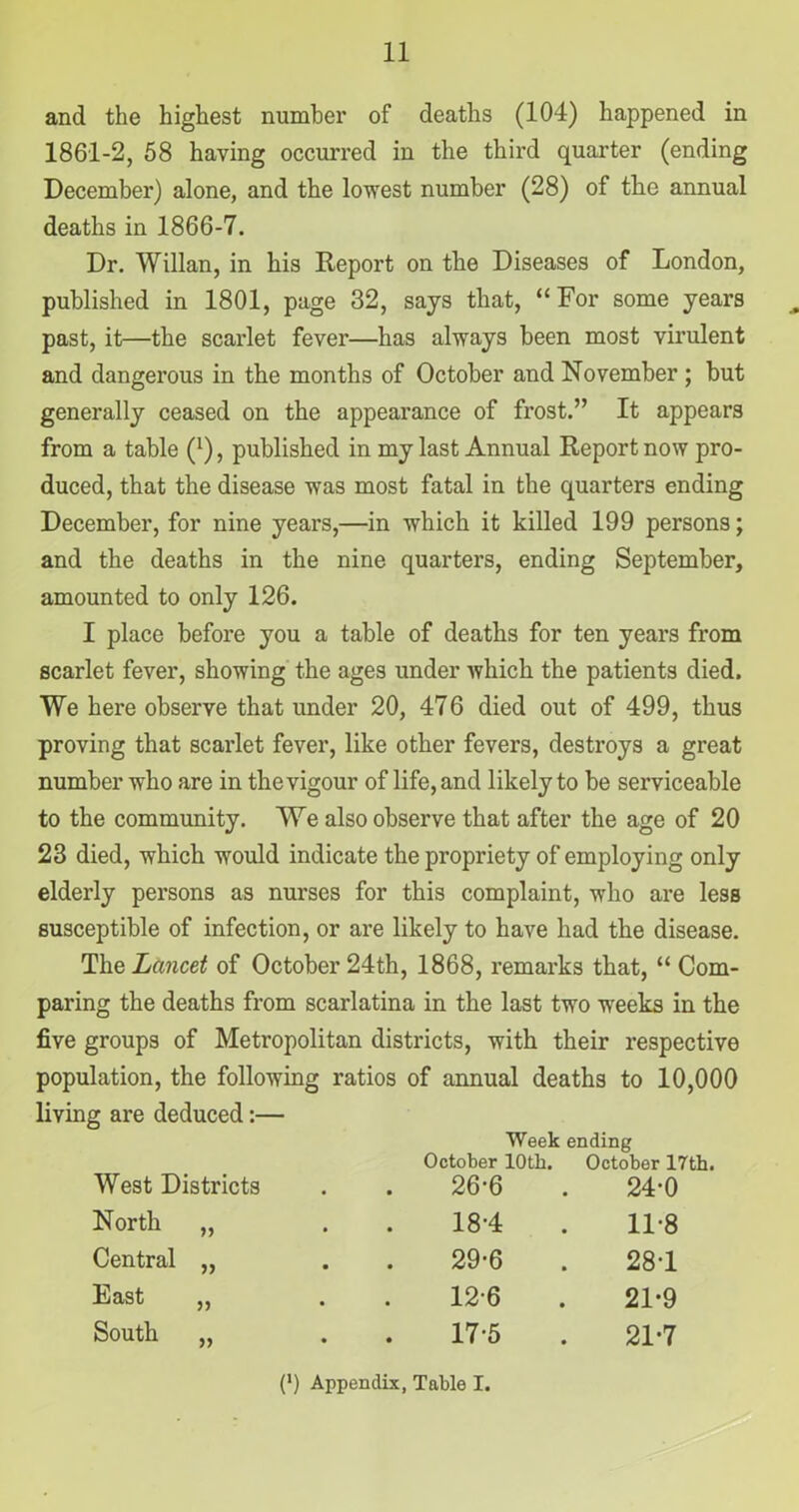 and the highest number of deaths (104) happened in 1861-2, 58 having occurred in the third quarter (ending December) alone, and the lowest number (28) of tlie annual deaths in 1866-7. Dr. Willan, in his Report on the Diseases of London, published in 1801, page 32, says that, “For some years past, it—the scarlet fever—has always been most virulent and dangerous in the months of October and November ; but generally ceased on the appearance of frost.” It appears from a table Q), published in my last Annual Report now pro- duced, that the disease was most fatal in the quarters ending December, for nine years,—in which it killed 199 persons; and the deaths in the nine quarters, ending September, amounted to only 126. I place before you a table of deaths for ten years from scarlet fever, showing the ages under which the patients died. We here observe that under 20, 476 died out of 499, thus proving that scarlet fever, like other fevers, destroys a great number who are in the vigour of life, and likely to be serviceable to the community. We also observe that after the age of 20 23 died, which would indicate the propriety of employing only elderly persons as nurses for this complaint, who are less susceptible of infection, or are likely to have had the disease. The Lancet of October 24th, 1868, remarks that, “ Com- paring the deaths from scarlatina in the last two weeks in the five groups of Metropolitan districts, with their respective population, the following ratios of annual deaths to 10,000 living are deduced:— Week ending October 10th. October 17th. (*) West Districts North „ Central „ East ,, South 26-6 24-0 18-4 11-8 29-6 28-1 12-6 21-9 17-5 21-7