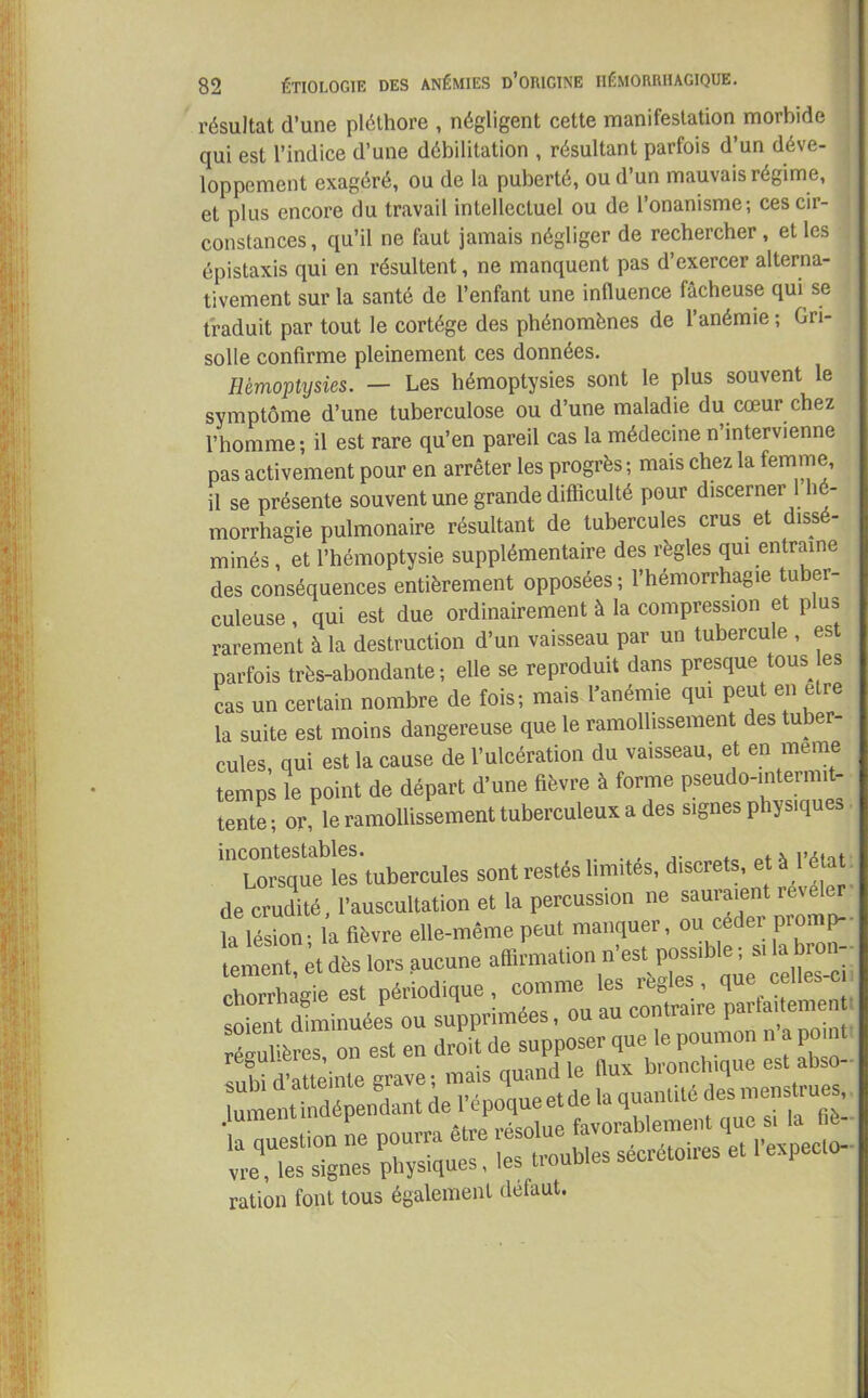 résultat d’une pléthore , négligent celte manifestation morbide qui est l’indice d’une débilitation , résultant parfois d’un déve- loppement exagéré, ou de la puberté, ou d’un mauvais régime, et plus encore du travail intellectuel ou de l’onanisme; ces cir- constances, qu’il ne faut jamais négliger de rechercher, et les épistaxis qui en résultent, ne manquent pas d’exercer alterna- tivement sur la santé de l’enfant une influence fâcheuse qui se traduit par tout le cortège des phénomènes de l’anémie ; Gri- solle confirme pleinement ces données. Hémoptysies. — Les hémoptysies sont le plus souvent le symptôme d’une tuberculose ou d’une maladie du cœur chez l’homme; il est rare qu’en pareil cas la médecine n’intervienne pas activement pour en arrêter les progrès; mais chez la femrne, il se présente souvent une grande difficulté pour discerner 1 hé- morrhagie pulmonaire résultant de tubercules crus et dissé- minés , et l’hémoptysie supplémentaire des règles qui entraîne des conséquences entièrement opposées ; l’hémorrhagie tuber- culeuse , qui est due ordinairement à la compression et plus rarement à la destruction d’un vaisseau par un tubercule , est parfois très-abondante; elle se reproduit dans presque tous es cas un certain nombre de fois; mais l’anémie qui peut en etre la suite est moins dangereuse que le ramollissement des tuber- cules, qui est la cause de l’ulcération du vaisseau, et en meme temps le point de départ d’une fièvre à forme pseudo-intermit- tente; or, le ramollissement tuberculeux a des signes physiques incontestables. Qf 4 Lorsque les tubercules sont restes limites, discrets, et à 1 état de crudité, l’auscultation et la percussion ne sauraient ici h lésion - la fièvre elle-même peut manquer, ou ceder promp- tement, et dès lors pucune affirmation n’estposs.ble; s. la brou-- chorrhagie est périodique, comme les réglés, que“es° soient diminuées ou supprimées, ou au contraire parla temen ruRms, on est en droitde supposer que le poumon napomt ration font tous également defaut.