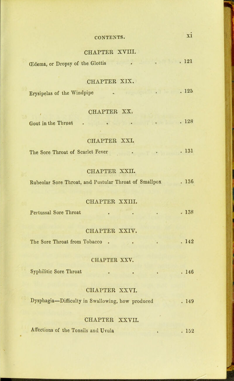CHAPTER XVIII. (Edema, or Dropsy of the Glottis • • .121 CHAPTER XIX. Erysipelas of the Windpipe .. • .125 CHAPTER XX. Gout in the Throat . • 1^8 CHAPTER XXI. The Sore Throat of Scarlet Fever . • .131 CHAPTER XXH. Rubeolar Sore Throat, and Pustular Throat of Smallpox . 136 CHAPTER XXIII. Pertussal Sore Throat .... 138 CHAPTER XXIV. The Sore Throat from Tobacco . . . .142 CHAPTER XXV. Syphilitic Sore Throat .... 146 CHAPTER XXVI. Dysphagia—Difficulty in Swallowing, how produced . 149 CHAPTER XXVH. Affections of the Tonsils and Uvula . 152