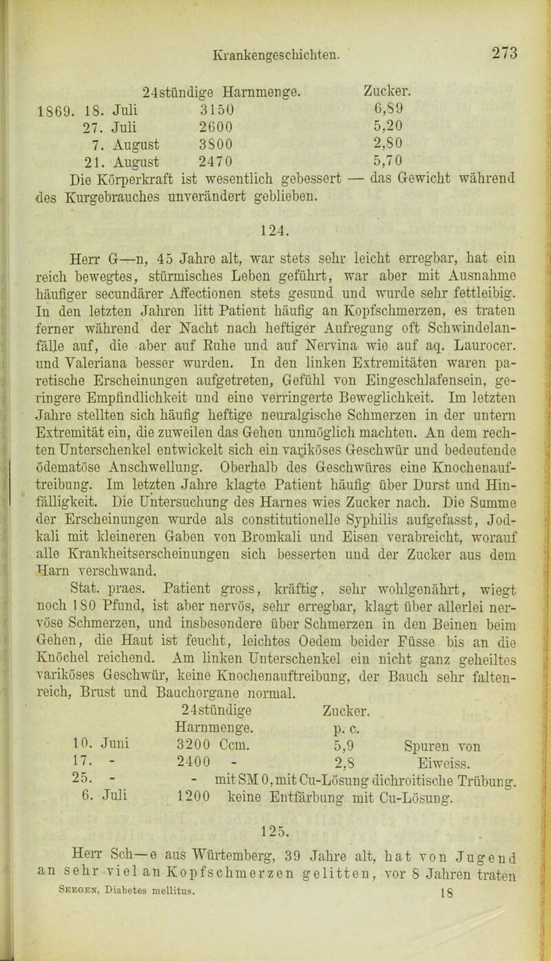 24ständige Harnmenge. Zucker. 18. Juli 3150 6,89 27. Juli 2600 5.20 7. August 3800 2,80 21. August 2470 5,70 1869. Die Körperkraft ist wesentlich gebessert — das G-ewicht während des Kurgebrauches unverändert geblieben. 124. Herr G—n, 45 Jahre alt, war stets sehr leicht erregbar, hat ein reich bewegtes, stürmisches Loben geführt, war aber mit Ausnahme häufiger secundärer Affectionen stets gesund und wurde sehr fettleibig. In den letzten Jahren litt Patient häufig an Kopfschmerzen, es traten ferner während der Nacht nach heftiger Aufregung oft Schwindelan- fälle auf, die aber auf Ruhe und auf Nerv in a wie auf aq. Laurocer. und Valeriana besser wurden. In den linken Extremitäten waren pa- retische Erscheinungen aufgetreten, Gefühl von Eingeschlafensein, ge- ringere Empfindlichkeit und eine verringerte Beweglichkeit. Im letzten Jahre stellten sich häufig heftige neuralgische Schmerzen in der untern Extremität ein, die zuweilen das Gehen unmöglich machten. An dem rech- ten Unterschenkel entwickelt sich ein variköses Geschwür und bedeutende ödematöse Anschwellung. Oberhalb des Geschwüres eine Knochenauf- treibung. Im letzten Jahre klagte Patient häufig über Durst und Hin- fälligkeit. Die Untersuchung des Harnes wies Zucker nach. Die Summe der Erscheinungen wurde als constitutionolle Syphilis aufgefasst, Jod- kali mit kleineren Gaben von Bromkali und Eisen verabreicht, worauf alle Krankheitserscheinungen sich besserten und der Zucker aus dem Harn verschwand. Stat. praes. Patient gross, kräftig, sehr wohlgenährt, wiegt noch 180 Pfund, ist aber nervös, sehr erregbar, klagt über allerlei ner- vöse Schmerzen, und insbesondere über Schmerzen in den Beinen beim Gehen, die Haut ist feucht, leichtes Oedem beider Füsse bis an die Knöchel reichend. Am linken Unterschenkel ein nicht ganz geheiltes variköses Geschwür, keine Knochenauftreibung, der Bauch sehr falten- reich, Brust und Bauchorgane normal. 24stiindige Harnmenge. 3200 Ccm. 2400 - 10. Juni 17. - 25. - 6. Juli Zucker, p. c. 5,9 2’S - mit SM 0, mit Cu-Lösung dichroitische Trübung. 1200 keine Entfärbung mit Cu-Lösung. Spuren von Eiweiss. 125. Herr Sch—e aus Würtemberg, 39 Jahre alt, hat von Jugend an sehr viel an Kopfschmerzen gelitten, vor S Jahren traten Seegex, Diabetes mellitus. lg