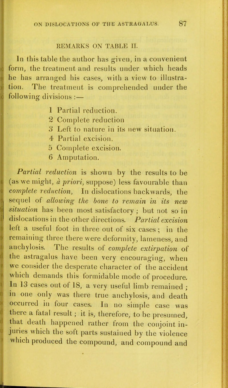 *r- ^ In this table the author has given, in a convenient i form, the treatment and results under which heads he has arranged his cases, with a view to illustra- tion. The treatment is comprehended under the e following divisions :— 1 Partial reduction. 2 Complete reduction 4 Partial excision. 5 Complete excision. 6 Amputation. Partial reduction is shown by the results to be (as we might, a priori, suppose) less favourable than complete reduction, In dislocations backwards, the sequel of allowing- the bone to remain in its new situation has been most satisfactory ; but not so in dislocations in the other directions. Partial excision left a useful foot in three out of six cases; in the remaining three there were deformity, lameness, and anchylosis. The results of complete extirpation of the astragalus have been very encoura^in«\ when we consider the desperate character of the accident which demands this formidable mode of procedure. In 13 cases out of 18, a very useful limb remained ; in one only was there true anchylosis, and death occuued in four cases. In no simple case was theie a fatal result; it is, therefore, to be presumed, that death happened rather from the conjoint in- juries which the soft parts sustained by the violence which produced the compound, and compound and