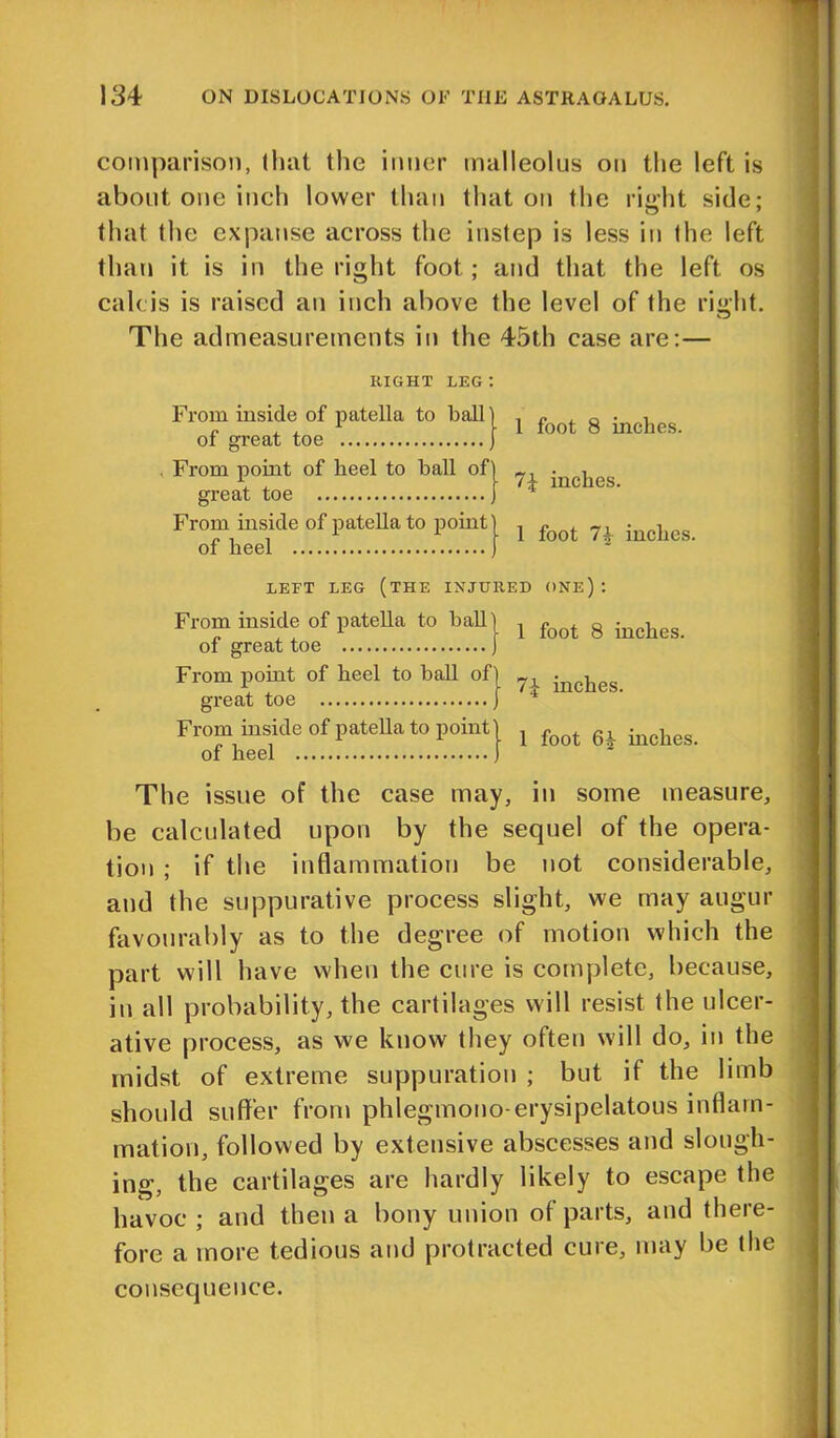 comparison, that the inner malleolus on the left is about one inch lower than that on the rii»ht side: that the expanse across the instep is less in the left than it. is in the right foot; and that the left os calcis is raised an inch above the level of the right. The admeasurements in the 45th case are:— RIGHT LEG : From inside of patella to ball of great toe . From point of lieel to ball of great toe From inside of patella to point of heel 1 foot 8 inches. 7\ inches. 1 foot 7\ inches. LEFT LEG (THE INJURED ONE) : From inside of patella to ball' of great toe From point of heel to ball of great toe From inside of patella to point of heel 1 foot 8 inches. 7\ inches. 1 foot inches. The issue of the case may, in some measure, be calculated upon by the sequel of the opera- tion ; if the inflammation be not considerable, and the suppurative process slight, we may augur favourably as to the degree of motion which the part will have when the cure is complete, because, in all probability, the cartilages will resist the ulcer- ative process, as we know they often will do, in the midst of extreme suppuration ; but if the limb should suffer from phlegmono-erysipelatous inflam- mation, followed by extensive abscesses and slough- ing, the cartilages are hardly likely to escape the havoc; and then a bony union of parts, and there- fore a more tedious and protracted cure, may be the consequence.
