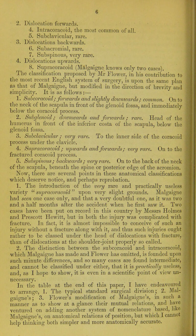 2. Dislocation forwards. 4. Intracoracoid, the most common of all. 5. Subclavicular, rare. 3. Dislocations backwards. (3. Subacromial, rare. 7. Subspinous, very rare. 4. Dislocations upwards. 8. Supracoracoid (Malgaigne knows only two cases). The classification proposed by Mr Flower, in his contribution to the most recent English system of surgery, is upon the same plan as that of Malgaigne, but modified in the direction of brevity and simplicity. It is as follows:— 1. Subcoracoid; forwards and slightly downwards; common. Onto the neck of the scapula in front of the glenoid fossa, and immediately below the coracoid process. 2. Subglenoid; downwards and forwards ; rare. Head of the humerus in front of the inferior costa of the scapula, below the glenoid fossa. 3. Subclavicular; very rare. To the inner side of the coracoid process under the clavicle. 4. Supracoracoid; upwards and forwards; very rare. On to the fractured coracoid process. 5. Subspinous; backwards; very rare. On to the back of the neck of the scapula, beneath the spine or posterior edge of the acromion. Now, there are several points in these anatomical classifications which deserve notice, and perhaps reprobation. 1. The introduction of the very rare and practically useless variety u supracoracoid ” upon very slight grounds. Malgaigne had seen one case only, and that a very doubtful one, as it was two and a half months after the accident when he first saw it. Two cases have been put on record in this country by Messrs Holmes and Prescott Hewitt, but in both the injury was complicated with fracture. In fact, it is almost impossible to conceive of such an injury without a fracture along with it, and thus such injuries ought rather to be classed under the head of dislocations with fracture, than of dislocations at the shoulder-joint properly so called. 2. The distinction between the subcoracoid and intracoracoid, which Malgaigne has made and Flower has omitted, is founded upon such minute differences, and so many cases are found intermediate, and cannot be classified under either, that it is practically useless, and, as I hope to show, it is even in a scientific point of view un- necessary. In the table at the end of this paper, I have endeavoured to arrange, 1. The typical standard surgical division; 2. Mal- gaigne’s; 3. Flower’s modification of Malgaigne’s, in such a manner as to show at a glance their mutual relations, and have ventured on adding another system of nomenclature _ based, like Malgaigne’s, on anatomical relations of position, but which I cannot help thinking both simpler and more anatomically accurate.