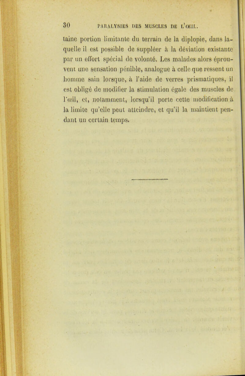 taine portion limitante du terrain de la diplopie, dans la- quelle il est possible de suppléer à la déviation existante par un effort spécial de volonté. Les malades alors éprou- vent une sensation pénible, analogue à celle que ressent un homme sain lorsque, à l’aide de verres prismatiques, il est obligé de modifier la stimulation égale des muscles de l’œil, et, notamment, lorsqu’il porte cette modification à la limite qu’elle peut atteindre, et qu’il la maintient pen- dant un certain temps.