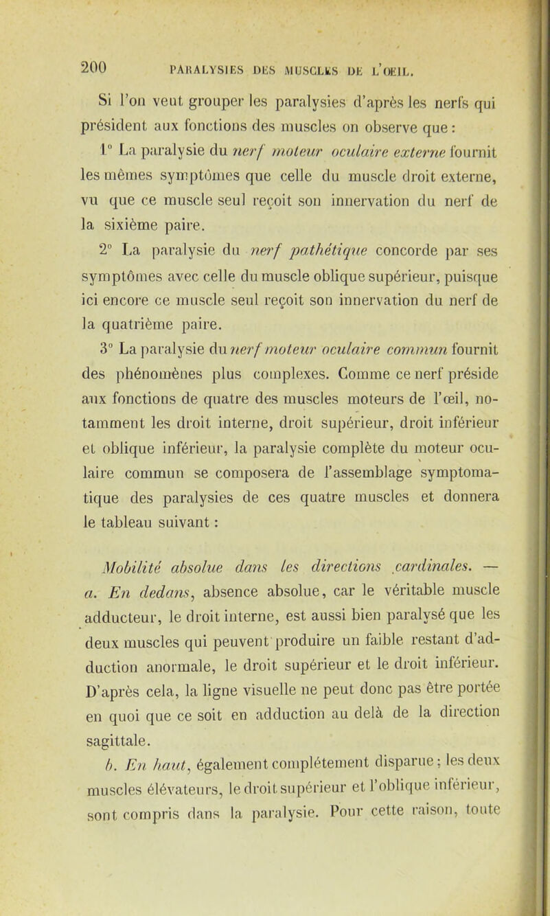 Si l’on veut grouper les paralysies d’après les nerfs qui président aux fonctions des muscles on observe que: 1° La paralysie du nerf moteur oculaire externe fournit les mêmes symptômes que celle du muscle droit externe, vu que ce muscle seul reçoit son innervation du nerf de la sixième paire. 2° La paralysie du nerf pathétique concorde par ses symptômes avec celle du muscle oblique supérieur, puisque ici encore ce muscle seul reçoit son innervation du nerf de la quatrième paire. 3° La paralysie du nerf moteur oculaire commun fournit des phénomènes plus complexes. Comme ce nerf préside aux fonctions de quatre des muscles moteurs de l’œil, no- tamment les droit interne, droit supérieur, droit inférieur et oblique inférieur, la paralysie complète du moteur ocu- laire commun se composera de l’assemblage symptoma- tique des paralysies de ces quatre muscles et donnera le tableau suivant : Mobilité absolue dans les directions cardinales. — a. En dedans, absence absolue, car le véritable muscle adducteur, le droit interne, est aussi bien paralysé que les deux muscles qui peuvent produire un faible restant d’ad- duction anormale, le droit supérieur et le droit inférieur. D’après cela, la ligne visuelle ne peut donc pas être portée en quoi que ce soit en adduction au delà de la direction sagittale. b. En haut, également complètement disparue ; les deux muscles élévateurs, le droit supérieur et 1 oblique inférieur, sont compris dans la paralysie. Pour cette raison, toute
