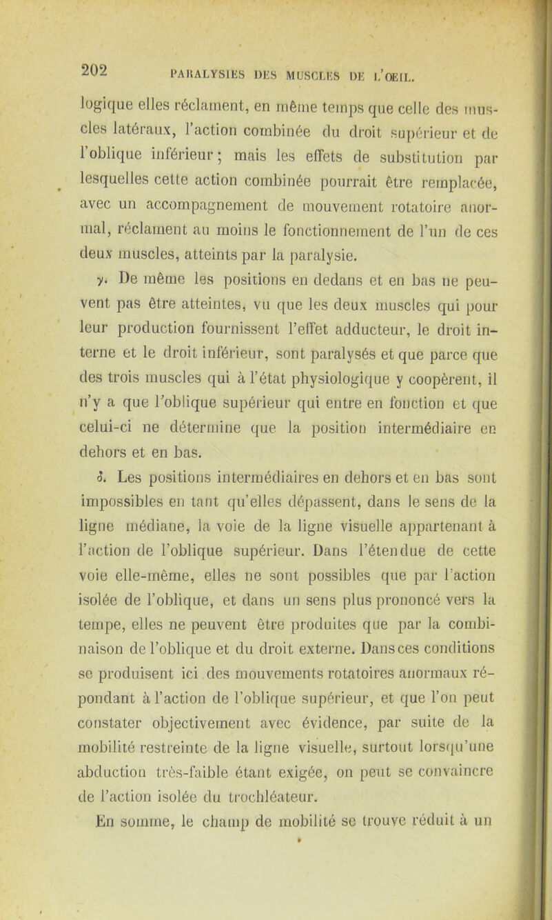 logique elles réclament, en même temps que celle des mus- cles latéraux, I action combinée du droit supérieur et de l’oblique inférieur; mais les effets de substitution par lesquelles cette action combinée pourrait être remplacée, avec un accompagnement de mouvement rotatoire anor- mal, réclament au moins le fonctionnement de l’un de ces deux muscles, atteints par la paralysie. y. De même les positions en dedans et en bas ne peu- vent pas être atteintes, vu que les deux muscles qui pour leur production fournissent l'effet adducteur, le droit in- terne et le droit inférieur, sont paralysés et que parce que des trois muscles qui à l’état physiologique y coopèrent, il n’y a que l'oblique supérieur qui entre en fonction et que celui-ci ne détermine que la position intermédiaire en dehors et en bas. 5. Les positions intermédiaires en dehors et en bas sont impossibles en tant qu’elles dépassent, dans le sens de la ligne médiane, la voie de la ligne visuelle appartenant à l’action de l’oblique supérieur. Dans l’étendue de cette voie elle-même, elles ne sont possibles que par l’action isolée de l’oblique, et dans un sens plus prononcé vers la tempe, elles ne peuvent être produites que par la combi- naison de l’oblique et du droit externe. Dans ces conditions se produisent ici des mouvements rotatoires anormaux ré- pondant à l’action de l’oblique supérieur, et que l’on peut constater objectivement avec évidence, par suite de la mobilité restreinte de la ligne visuelle, surtout lorsqu’une abduction très-faible étant exigée, on peut se convaincre de l’action isolée du trochléateur. En somme, le champ de mobilité se trouve réduit à un