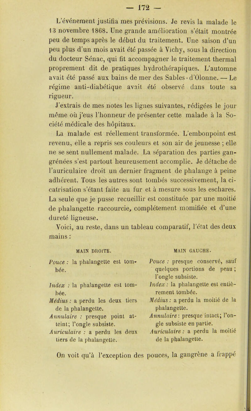 L événement justifia mes prévisions. Je revis la malade le 13 novembre 1868. Une grande amélioration s’était montrée peu de temps après le début du traitement. Une saison d’un peu plus d’un mois avait été passée à Vichy, sous la direction du docteur Sénac, qui fit accompagner le traitement thermal proprement dit de pratiques hydrothérapiques. L’automne avait été passé aux bains de mer des Sables-d’Olonne. — Le régime anti-diabétique avait été observé dans toute sa rigueur. J’extrais de mes notes les lignes suivantes, rédigées le jour même où j’eus l’honneur de présenter cette malade à la So- ciété médicale des hôpitaux. La malade est réellement transformée. L’embonpoint est revenu, elle a repris ses couleurs et son air de jeunesse ; elle ne se sent nullement malade. La séparation des parties gan- grénées s’est partout heureusement accomplie. Je détache de l’auriculaire droit un dernier fragment de phalange à peine adhérent. Tous les autres sont tombés successivement, la ci- catrisation s'étant faite au fur et à mesure sous les eschares. La seule que je pusse recueillir est constituée par une moitié de phalangette raccourcie, complètement momifiée et d’une dureté ligneuse. Voici, au reste, dans un tableau comparatif, l’état des deux mains : MAIN DROITE. MAIN GAUCHE. Pouce : la phalangette est tom- bée. Index : la phalangette est tom- bée. Médius : a perdu les deux tiers de la phalangette. Annulaire : presque point at- teint; l’ongle subsiste. Auriculaire : a perdu les deux tiers de la phalangette. Pouce : presque conservé, sauf quelques portions de peau ; l'ongle subsiste. Index: la phalangette est entiè- rement tombée. Médius : a perdu la moitié de la phalangette. Annulaire: presque intact; l’on- gle subsiste en partie. Auriculaire: a perdu la moitié de la phalangette. On voit qu’à l’exception des pouces, la gangrène a frappé