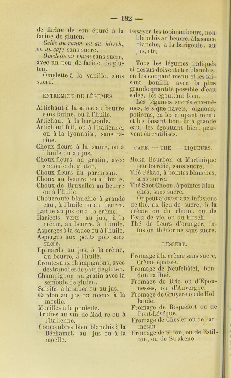 de farine de son épuré à la farine de gluten. Celée au rhum ou au kirsch, ou au café sans sucre. Omelette au rhum sans sucre, avec un peu de farine de glu- ten. Omelette à la vanille, sans sucre. ENTREMETS DE LÉGUMES. Artichaut à la sauce au beurre sans farine, ou à l’huile. Artichaut à la barigoule. Artichaut frit, ou à l’italienne, ou à la lyonnaise, sans fa- rine. Choux-fleurs à la sauce, ou à l’huile ou au jus. Choux-fleurs au gratin, avec semoule de gluten. Choux-fleurs au parmesan. Choux au beurre ou à l’huile. Choux de Bruxelles au beurre ou à l’huile. Choucroute blanchie à grande eau, à l’huile ou au beurre. Laitue au jus ou à la crème. Haricots verts au jus, à la crème, au beurre, à l’huile. Asperges à la sauce ou à l’huile. Asperges aux petits pois sans sucre. Epinards au jus, à la crème, au beurre, à l’huile. Croûtes aux champignons, avec des tranches dep -un de gluten. Champigrum uu gratin avec la semoule de gluten. Salsifis à la sauce ou au jus. Cardon au jus ou mieux à la moelle. Morilles à la poulette. Truffes au vin de Mad re ou h l’italienne. Concombres bien blanchis à la Béchamel, au jus ou à la moelle. Essayer les topinambours, non blanchis au beurre, àla sauce blanchej à la barigoule, au jus, etc, Tous les légumes indiqués ci-dessus doivent être blanchis, en les coupant menu et les fai- sant bouillir avec la plus grande quantité possible d’eau salée, les égouttant bien. Les légumes sucrés eux-mê- mes, tels que navets, oignons, potirons, en les coupant menu et les faisant bouillir à grande eau, les égouttant bien, peu- vent êtremtilisés. CAFÉ. — THÉ. — LIQUEURS. Moka Bourbon et Martinique peu torréfié, sans sucre. Thé Pékao, à pointes blanches, sans sucre. Thé Saot-Choon, à pointes blan- ches, sans sucre. Onpeut ajouter aux infusions de thé, au lieu de sucre, de la crème ou du j'hum, ou de l’eau-de-vie, ou du kirsch. Thé de fleurs d’oranger, in- fusion tliéiforme sans sucre. DESSERT. Fromage àla crème sans sucre, Crème épaisse. Fromage de Neufchâtel, bon- don raffiné. Fromage de Brie, ou d’Epou- nesses, ou d’Auvergne. Fromage de Gruyère ou de IIol lande. Fromage de Roquefort ou de Pont-Lévêque. Fromage de Chester ou de Par mesan. Fromage de Sillon, ou de Estil- ton, ou de Strakeno..