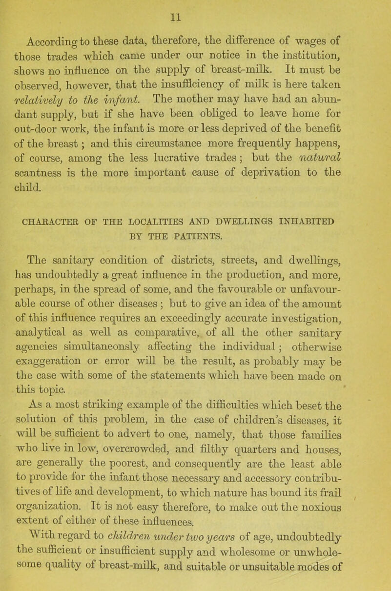 According to these data, therefore, the difference of wages of those trades which came under our notice in the institution, shows no influence on the supply of breast-milk. It must be observed, however, that the insufficiency of milk is here taken relatively to the infant. The mother may have had an abun- dant supply, but if she have been obliged to leave home for out-door work, the infant is more or less deprived of the benefit of the breast; and this circumstance more frequently happens, of course, among the less lucrative trades; but the natural scantness is the more important cause of deprivation to the child. CHARACTER OF THE LOCALITIES AND DWELLINGS INHABITED BY THE PATIENTS. The sanitary condition of districts, streets, and dwellings, has undoubtedly a great influence in the production, and more, perhaps, in the spread of some, and the favourable or unfavour- able course of other diseases ; but to give an idea of the amount of this influence requires an exceedingly accurate investigation, analytical as well as comparative, of all the other sanitary agencies simultaneonsly affecting the individual; otherwise exaggeration or error will be the result, as probably may be the case with some of the statements which have been made on this topic. As a most striking example of the difficulties which beset the solution of this problem, in the case of children’s diseases, it will be sufficient to advert to one, namely, that those families who live in low, overcrowded, and filthy quarters and houses, are generally the poorest, and consequently are the least able to provide for the infant those necessary and accessory contribu- tives of life and development, to which nature has bound its frail organization. It is not easy therefore, to make out the noxious extent of either of these influences. With regard to children under two years of age, undoubtedly the sufficient or insufficient supply and wholesome or unwhole- some quality of breast-milk, and suitable or unsuitable modes of