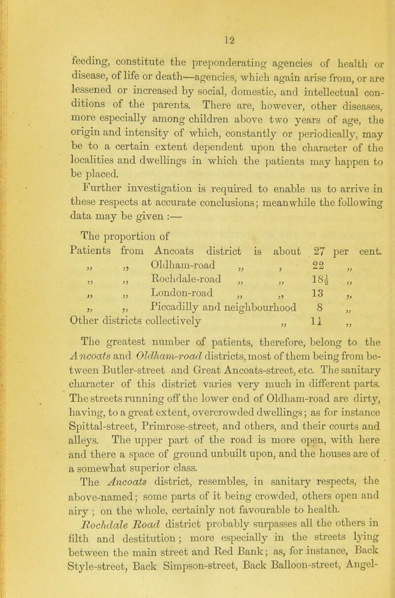 feeding, constitute the preponderating agencies of health or disease, of life or death—agencies, which again arise from, or are lessened or increased by social, domestic, and intellectual con- ditions of the parents. There are, however, other diseases, more especially among children above two years of age, the origin and intensity of which, constantly or periodically, may be to a certain extent dependent upon the character of the localities and dwellings in which the patients may happen to be placed. Further investigation is required to enable us to arrive in these respects at accurate conclusions; meanwhile the following data may be given :— The proportion of Patients from Ancoats district is about . 27 per yy y> Oldham-road „ y 22 yy yy yy Rochdale-road „ yy yy yy yy London-road „ yy 13 yy )y )y Piccadilly and neighbourhood 8 yy Other districts collectively yy 11 yy The greatest number of patients, therefore, belong to the Ancoats and Oldham-road districts, most of them being from be- tween Butler-street and Great Ancoats-street, etc. The sanitary character of this district varies very much in different parts. The streets running off the lower end of Oldham-road are dirty, having, to a great extent, overcrowded dwellings; as for instance Spittal-street, Primrose-street, and others, and their courts and alleys. The upper part of the road is more open, with here and there a space of ground unbuilt upon, and the houses are of a somewhat superior class. The Ancoats district, resembles, in sanitary respects, the above-named; some parts of it being crowded, others open and airy ; on the whole, certainly not favourable to health. Rochdale Road district probably surpasses all the others in filth and destitution; more especially in the streets lying between the main street and Red Bank; as, for instance, Back Style-street, Back Simpson-street, Back Balloon-street, Angel-