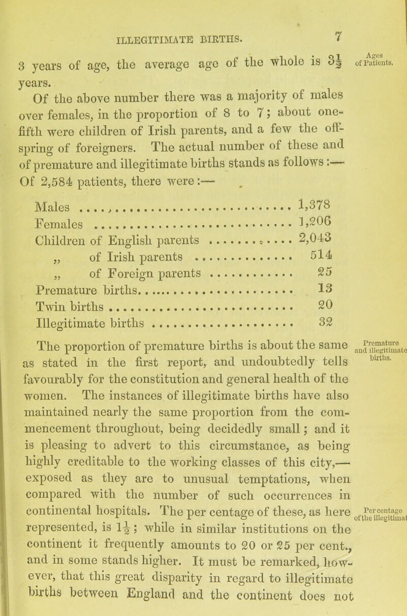 ILLEGITIMATE BIRTHS. 3 years of age, tlie average age of tlie whole is 3J ®rPatients, years. Of the above number there was a majority of males over females, in the proportion of 8 to 7 j about one- fiftli were children of Irish parents, and a few the off- spring of foreigners. The actual number of these and of premature and illegitimate births stands as follows :— Of 2,584 patients, there were :— Males 1,378 Females 1,206 Children of English parents 2,043 „ of Irish parents 514 „ of Foreign parents 25 Premature births 13 Twin births 20 Illegitimate births 32 The proportion of premature births is about the same anJr^““*F°at0 as stated in the first report, and undoubtedly tells favourably for the constitution and general health of the women. The instances of illegitimate births have also maintained nearly the same proportion from the com- mencement throughout, being decidedly small; and it is pleasing to advert to this circumstance, as being highly creditable to the working classes of this city,— exposed as they are to unusual temptations, when compared with the number of such occurrences in continental hospitals. The per centage of these, as here represented, is 1-^; while in similar institutions on the continent it frequently amounts to 20 or 25 per cent., and in some stands higher. It must be remarked, how- ever, that this great disparity in regard to illegitimate births between England and the continent does not