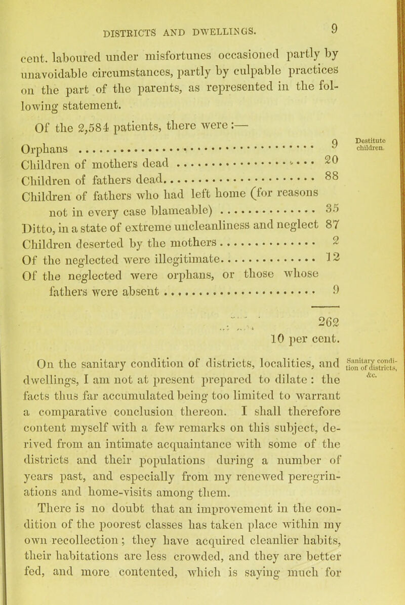 DISTRICTS AND DWELLINGS. cent, laboured under misfortunes occasioned partly by unavoidable circumstances, partly by culpable practices on the part of the parents, as represented in the fol- lowing statement. Of the 2,584 patients, there were Orphans Children of mothers dead • * * Children of fathers dead Children of fathers who had left home (for reasons not in every case blameable) Ditto, in a state of extreme uncleanliness and neglect Children deserted by the mothers Of the neglected were illegitimate Of the neglected were orphans, or those whose fathers were absent 9 20 88 35 87 2 12 9 Destitute children. ; ' 262 .. - . 4 10 per cent. On the sanitary condition of districts, localities, and dwellings, I am not at present prepared to dilate : the facts thus far accumulated being too limited to warrant a comparative conclusion thereon. I shall therefore content myself with a few remarks on this subject, de- rived from an intimate acquaintance with some of the districts and their populations during a number of years past, and especially from my renewed peregrin- ations and home-visits among them. There is no doubt that an improvement in the con- dition of the poorest classes has taken place within my own recollection; they have acquired cleanlier habits, their habitations are less crowded, and they are better fed, and more contented, which is saying much for