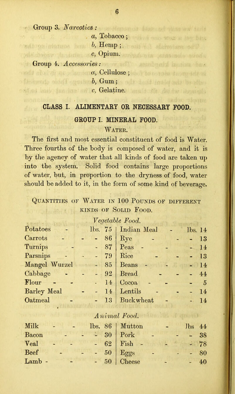 Group 3. Narcotics: a, Tobacco; b, Hemp ; c, Opium. Group 4. Accessories : a, Cellulose ; b, Gum; c, Gelatine. CLASS I. ALIMENTARY OR NECESSARY FOOD. GROUP I. MINERAL FOOD. Water. The first and most essential constituent of food is Water. Three fourths of the body is composed of water, and it is by the agency of water that all kinds of food are taken up into the system. Solid food contains large proportions of water, but, in proportion to the dryness of food, water should be added to it, in the form of some kind of beverage. Quantities of Water in 100 Pounds of different kinds of Solid Food. Vegetable Food. Potatoes lbs. 75 Indian Meal lbs. 14 Carrots - - 86 Rye - 13 Turnips - 87 Peas - 14 Parsnips - - 79 Rice - 13 Mangel Wurzel - 85 Beans - - 14 Cabbage - - 92 Bread - 44 Flour - 14 Cocoa - 5 Barley Meal - - 14 Lentils - 14 Oatmeal - 13 Buckwheat - 14 Animal Food. Milk lbs. 86 Mutton Jbs 44 Bacon - - 30 Pork - - 38 Veal - 62 Fish - 78 Beef - - 50 Eggs - - 80 Lamb - - 50 Cheese - 40