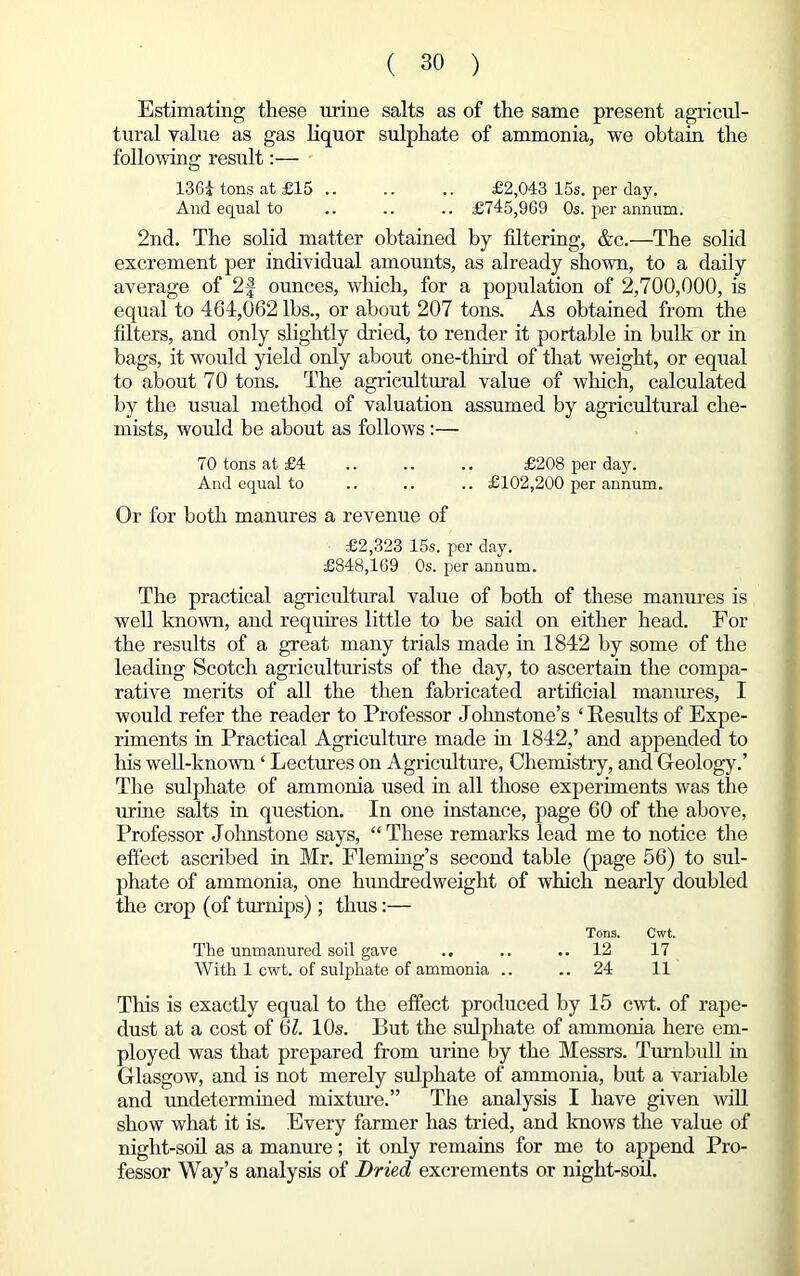 Estimating these urine salts as of the same present agricul- tural value as gas liquor sulphate of ammonia, we obtain the following result:— 1361 tons at £15 .. .. .. £2,043 15s. per day. And equal to .. .. .. £745,969 Os. per annum. 2nd. The solid matter obtained by filtering, &c.—The solid excrement per individual amounts, as already shown, to a daily average of 2f ounces, which, for a population of 2,700,000, is equal to 464,062 lbs., or about 207 tons. As obtained from the filters, and only slightly dried, to render it portable in bulk or in bags, it would yield only about one-third of that weight, or equal to about 70 tons. The agricultural value of which, calculated by the usual method of valuation assumed by agricultural che- mists, would be about as follows:— 70 tons at £4 .. .. .. £208 per day. And equal to .. .. .. £102,200 per annum. Or for both manures a revenue of £2,323 15s. per day. £848,169 0s. per annum. The practical agricultural value of both of these manures is well known, and requires little to be said on either head. For the results of a great many trials made in 1842 by some of the leading Scotch agriculturists of the day, to ascertain the compa- rative merits of all the then fabricated artificial manures, I would refer the reader to Professor Johnstone's ‘Results of Expe- riments in Practical Agriculture made in 1842,’ and appended to his well-known ‘ Lectures on Agriculture, Chemistry, and Geology.’ The sulphate of ammonia used in all those experiments was the urine salts in question. In one instance, page 60 of the above, Professor Johnstone says, “These remarks lead me to notice the effect ascribed in Mr. Fleming’s second table (page 56) to sul- phate of ammonia, one hundredweight of which nearly doubled the crop (of turnips) ; thus:— Tons. Cwt. The unmanured soil gave .. .. ..12 17 With 1 cwt. of sulphate of ammonia .. ..24 11 This is exactly equal to the effect produced by 15 cwt. of rape- dust at a cost of 67 10s. But the sulphate of ammonia here em- ployed was that prepared from urine by the Messrs. Turnbull in Glasgow, and is not merely sulphate of ammonia, but a variable and undetermined mixture.” The analysis I have given will show what it is. Every farmer has tried, and knows the value of night-soil as a manure; it only remains for me to append Pro- fessor Way’s analysis of Dried excrements or night-soil.