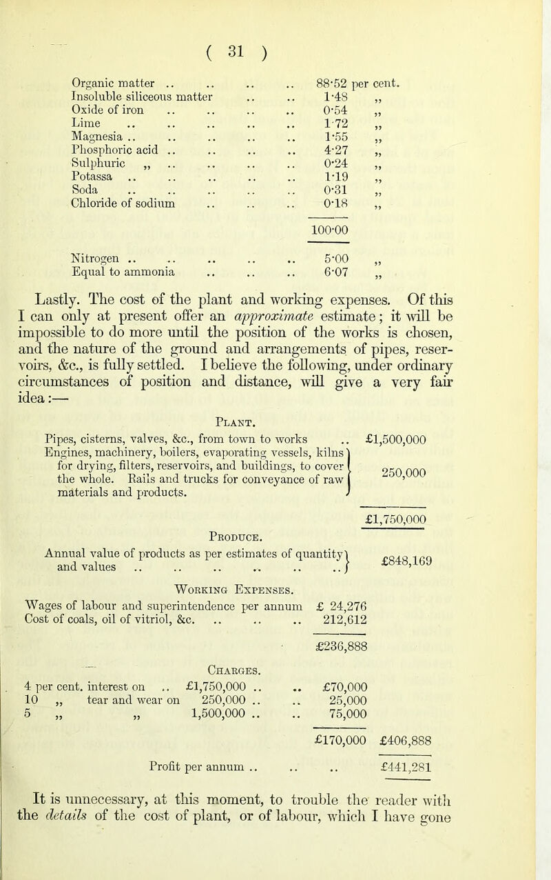 Organic matter .. 88-52 Insoluble siliceous matter 1-48 Oxide of iron 0-54 Lime 1-72 Magnesia .. 1-55 Phosphoric acid .. 4-27 Sulphuric „ 0-24 Potassa 1-19 Soda 0-31 Chloride of sodium 0-18 100-00 Nitrogen .. 5-00 Equal to ammonia .. 6-07 Lastly. The cost of the plant and working expenses. Of this I can only at present offer an approximate estimate; it will be impossible to do more until the position of the works is chosen, and the nature of the ground and arrangements of pipes, reser- voirs, &c., is fully settled. I believe the following, under ordinary circumstances of position and distance, will give a very fair idea:— Plant. Pipes, cisterns, valves, &c., from town to works Engines, machinery, boilers, evaporating vessels, kilns 1 for drying, filters, reservoirs, and buildings, to cover I the whole. Rails and trucks for conveyance of raw I materials and products. J Produce. Annual value of products as per estimates of quantity! and values £1,500,000 250,000 £1,750,000 £848,169 Working Expenses. Wages of labour and superintendence per annum £ 24,276 Cost of coals, oil of vitriol, &c. .. .. .. 212,612 Charges. 4 per cent, interest on .. £1,750,000 .. 10 ,, tear and wear on 250,000 .. 5 „ „ 1,500,000 .. Profit per annum .. £236,888 £70,000 25.000 75.000 £170,000 £406,888 £441,281 It is unnecessary, at this moment, to trouble the reader with the details of the cost of plant, or of labour, which I have gone