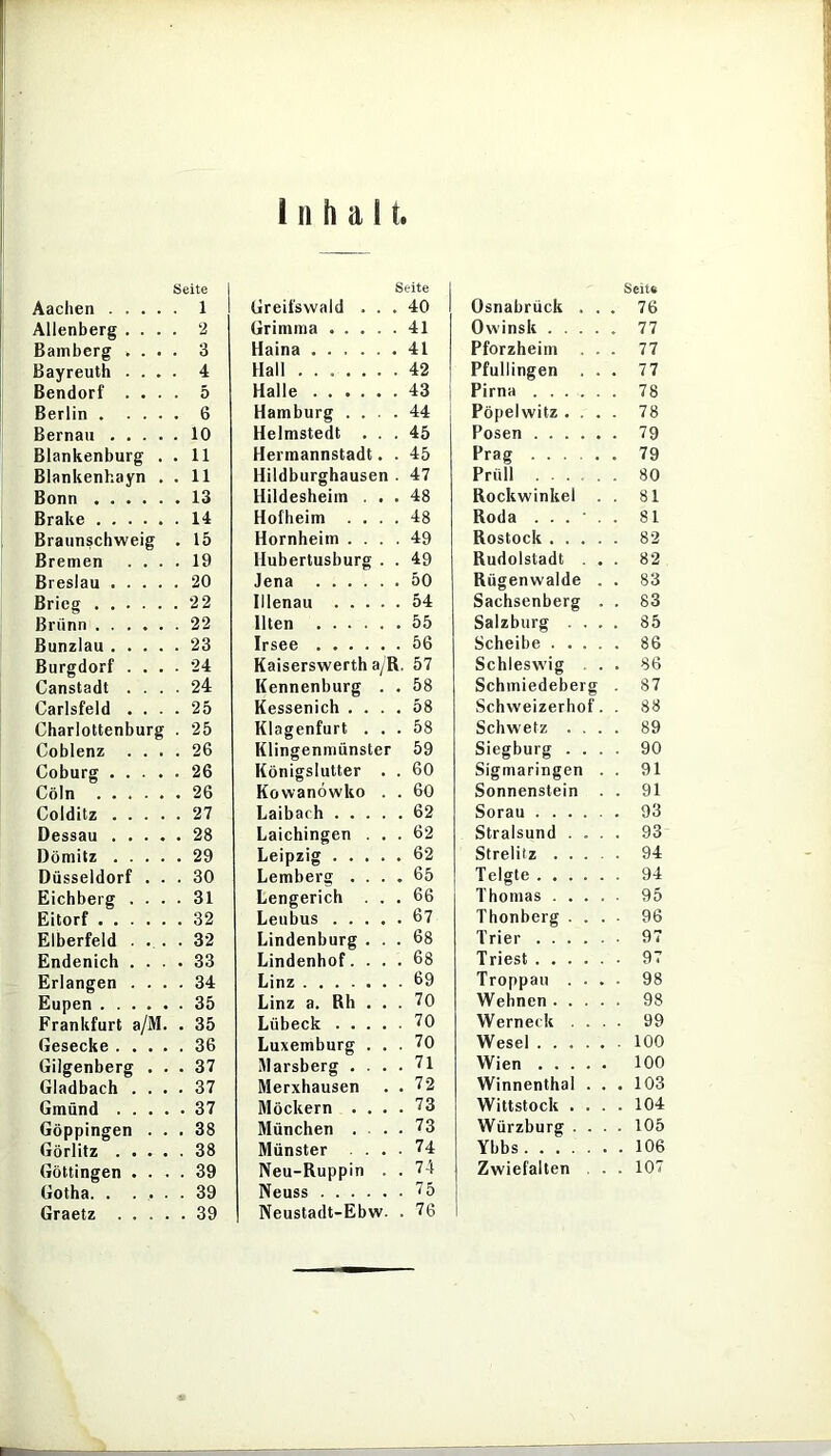 Inhalt. Aachen . Allenberg Bamberg Bayreuth Bendorf Berlin . Bernau . Blankenburg Blankenhayn Bonn .... Brake . Braunschweig Bremen Breslau . . Brieg . . . Brünn . . . Bunzlau . . Burgdorf . Canstadt . Carlsfeld . Charlottenburg Coblenz Coburg . . Cöln . . . Colditz . . Dessau . . Dömitz . . Düsseldorf Eichberg . Eitorf . . . Elberfeld . Endenich . Erlangen . Eupen . . . Frankfurt a/iV Gesecke . . Gilgenberg Gladbach . Gmünd . . Göppingen Görlitz . . Göttingen . Gotha. . . Graetz . . Seite 1 Seite SeiU . 1 1 Greifswald . . . 40 Osnabrück . . 76 . 2 Grimma 41 Owinsk 77 . 3 Haina 41 Pforzheim . . 77 . 4 Hall ....... 42 Pfullingen . . 77 . 5 Halle 43 Pirna 78 . 6 Hamburg .... 44 Pöpelwitz . . . 78 . 10 Helmstedt . . . 45 Posen 79 . 11 Herraannstadt. . 45 Prag 79 . 11 Hildburghausen ■ 47 Prüll 80 Hildesheim . . . 48 Rockwinkel . 81 Hofheim .... 48 Roda . . . • . 81 . 15 Hornheim .... 49 Rostock .... 82 . 19 Huhertusburg . . 49 Rudolstadt . . 82 . 20 Jena 50 Rügenwalde . 83 . 22 Iilpn2)ii 54 Sachsenberg . Salzburg . . . 83 . 22 Ilten 55 85 . 23 Irsee 56 Scheibe .... 86 . 24 Kaiserswerth a/R. 57 Schleswig . . 86 . 24 Kennenburg . . 58 Schmiedeberg 87 . 25 Kessenich . . . . 58 Schweizerhof. 88 . 25 Klagenfurt . . . 58 Schweiz . . . 89 . 26 Klingenmünster 59 Siegburg . . . 90 . 26 Königslutter . . 60 Sigmaringen . 91 Kowanowko . . 60 Sonnenstein . 91 . 27 Laibach 62 Sorau 93 Laichingen . . . 62 Stralsund . . . . 93 . 29 Leipzig 62 Strelitz .... . 94 . 30 Lemberg . . . . 65 Telgte . 94 . 31 Lengerich . . . 66 Thomas .... . 95 . 32 Leubus 67 Thonberg . . . . 96 . 32 Lindenburg . . . 68 Trier . 97 . 33 Lindenhof. . . . 68 Triest . 97 . 34 Linz 69 Troppau . . . . 98 . 35 Linz a. Rh . . . 70 Wehnen .... . 98 . 35 Lübeck 70 Werneck . . . . 99 . 36 Luxemburg . . . 70 Wesel . 100 . 37 Jlarsberg . . . . 71 Wien 100 . 37 Merxhausen . . 72 Winnenthal . . . 103 Möckern . . . . 73 Wittstock . . . . 104 . 38 München . . . . 73 Würzburg . . . . 105 Münster . . . . 74 Ybbs . 106 . 39 . 39 . 39 Neu-Ruppin . . Neuss Neustadt-Ebw- . 74 75 76 Zwiefalten . . . 107
