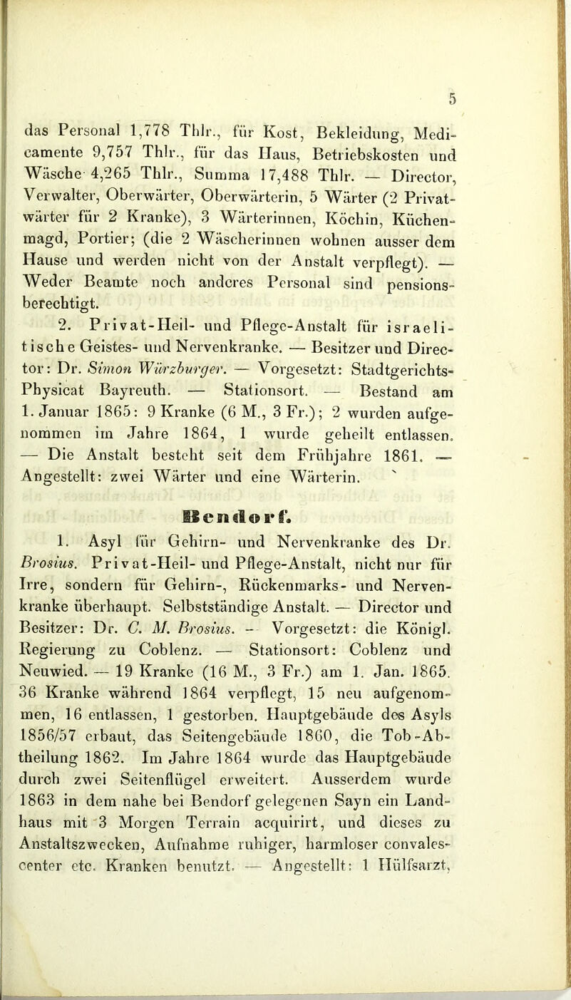 das Personal 1,778 Thlr., für Kost, Bekleidung, Medi- camente 9,757 Thlr., für das Haus, Betriebskosten und Wäsche 4,265 Thlr., Summa 17,488 Thlr. — Director, Verwalter, Oberwärter, Oberwärterin, 5 Wärter (2 Privat- wärter für 2 Kranke), 3 Wärterinnen, Köchin, Küchen- magd, Portier; (die 2 Wäscherinnen wohnen ausser dem Hause und werden nicht von der Anstalt verpflegt). — Weder Beamte noch anderes Personal sind pensions- berechtigt. 2. Privat-Heil- und Pflege-Anstalt für israeli- tische Geistes- und Nervenkranke. — Besitzer und Direc- tor: Dr. Simon Würzburger. — Vorgesetzt: Stadtgerichts- Physicat Bayreuth. — Stationsort. — Bestand am 1. Januar 1865: 9 Kranke (6 M., 3 Fr.); 2 wurden aufge- nommen im Jahre 1864, 1 wurde geheilt entlassen. — Die Anstalt besteht seit dem Frühjahre 1861. — Angestellt: zwei Wärter und eine Wärterin. Ilenilor f. 1. Asyl für Gehirn- und Nervenkranke des Dr. Brosius. Privat-Heil- und Pflege-Anstalt, nicht nur für Irre, sondern für Gehirn-, Rückenmarks- und Nerven- kranke überhaupt. Selbstständige Anstalt. — Director und Besitzer: Dr. C. M. Brosius. - Vorgesetzt: die Königl. Regierung zu Coblenz. — Stationsort: Coblenz und Neuwied. — 19 Kranke (16 M., 3 Fr.) am 1. Jan. 1865. 36 Kranke während 1864 verpflegt, 15 neu aufgenom- men, 16 entlassen, 1 gestorben. Hauptgebäude des Asyls 1856/57 erbaut, das Seitengebäude 1860, die Tob-Ab- theilung 1862. Im Jahre 1864 wurde das Hauptgebäude durch zwei Seitenflügel erweitert. Ausserdem wurde 1863 in dem nahe bei Bendorf gelegenen Sayn ein Land- haus mit 3 Morgen Terrain acquirirt, und dieses zu Anstaltszwecken, Aufnahme ruhiger, harmloser convales- center etc. Kranken benutzt. -- Angestellt: 1 Hülfsarzt,