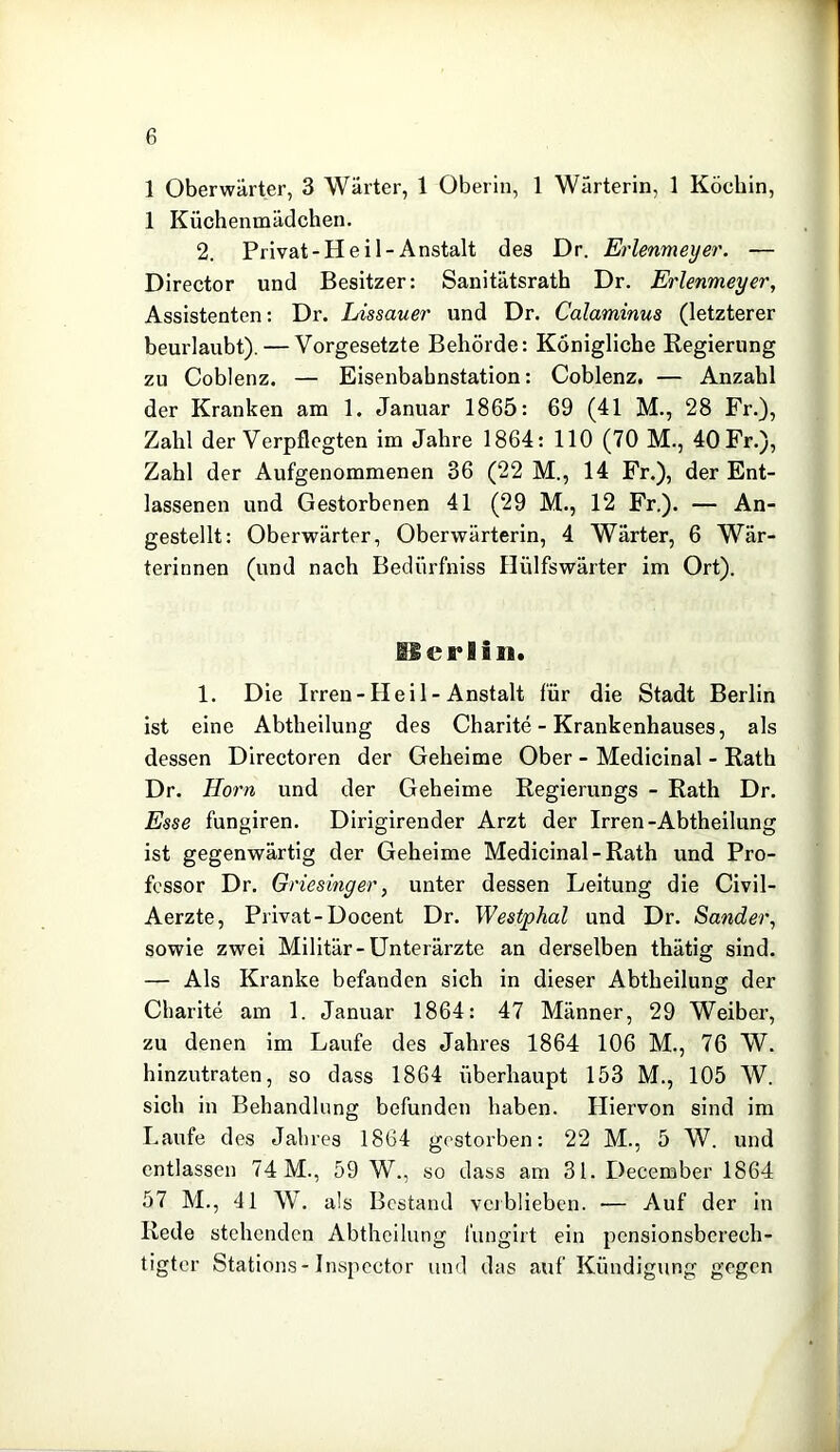 1 Oberwärter, 3 Wärter, 1 Oberin, 1 Wärterin, 1 Köchin, 1 Küchenmädchen. 2. Privat-Heil-Anstalt des Dr. Erlenmeyer. — Director und Besitzer: Sanitätsrath Dr. Erlenmeyer, Assistenten: Dr. Lissauer und Dr. Calaminus (letzterer beurlaubt). — Vorgesetzte Behörde: Königliche Regierung zu Coblenz. — Eisenbahnstation: Coblenz. — Anzahl der Kranken am 1. Januar 1865: 69 (41 M., 28 Fr.), Zahl der Verpflegten im Jahre 1864: 110 (70 M., 40 Fr.), Zahl der Aufgenommenen 36 (22 M., 14 Fr.), der Ent- lassenen und Gestorbenen 41 (29 M., 12 Fr.). — An- gestellt: Oberwärter, Oberwärterin, 4 Wärter, 6 Wär- terinnen (und nach Bedürfniss Hülfswärter im Ort). ilerliii. 1. Die Irren-Heil-Anstalt für die Stadt Berlin ist eine Abtheilung des Charite - Krankenhauses, als dessen Directoren der Geheime Ober - Medicinal - Rath Dr. Horn und der Geheime Regierungs - Rath Dr. Esse fungiren. Dirigirender Arzt der Irren-Abtheilung ist gegenwärtig der Geheime Medicinal-Rath und Pro- fessor Dr. Griesinger, unter dessen Leitung die Civil- Aerzte, Privat-Docent Dr. Westphal und Dr. Sander, sowie zwei Militär-Unterärzte an derselben thätig sind. — Als Kranke befanden sich in dieser Abtheilung der Charite am 1. Januar 1864: 47 Männer, 29 Weiber, zu denen im Laufe des Jahres 1864 106 M., 76 W. hinzutraten, so dass 1864 überhaupt 153 M., 105 W. sich in Behandlung befunden haben. Hiervon sind im Laufe des Jahres 1864 gestorben: 22 M., 5 W. und entlassen 74 M., 59 W., so dass am 31. December 1864 57 M., 41 W. als Bestand vciblieben. — Auf der in Rede stehenden Abtheilung fungirt ein pensionsbcrech- tigtor Stations - Inspcctor und das auf Kündigung gegen
