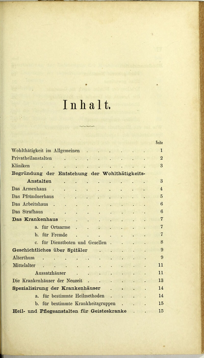 Inhalt. Seite Wohlthätigkeit im Allgemeinen 1 Privatheilanstalten . . , 2 Kliniken 3 Begründung der Entstehung der Wohlthätigkeits- Anstalten 3 Das Armenhaus 4 Das Pfründnerhaus 5 Das Arbeitshaus 6 Das Strafhaus 6 Das Krankenhaus 7 a. für Ortsarme 7 b. für Fremde 7 c. für Dienstboten und Gesellen .... 8 Geschichtliches über Spitäler 9 Alterthum 9 Mittelalter 11 Aussatzhäuser 11 Die Krankenhäuser der Neuzeit 13 Spezialisirung der Krankenhäuser .... 14 a. für bestimmte Heilmethoden .... 14 b. für bestimmte Krankheitsgruppen ... 15 Heil- und Pflegeanstalten für Geisteskranke . 15