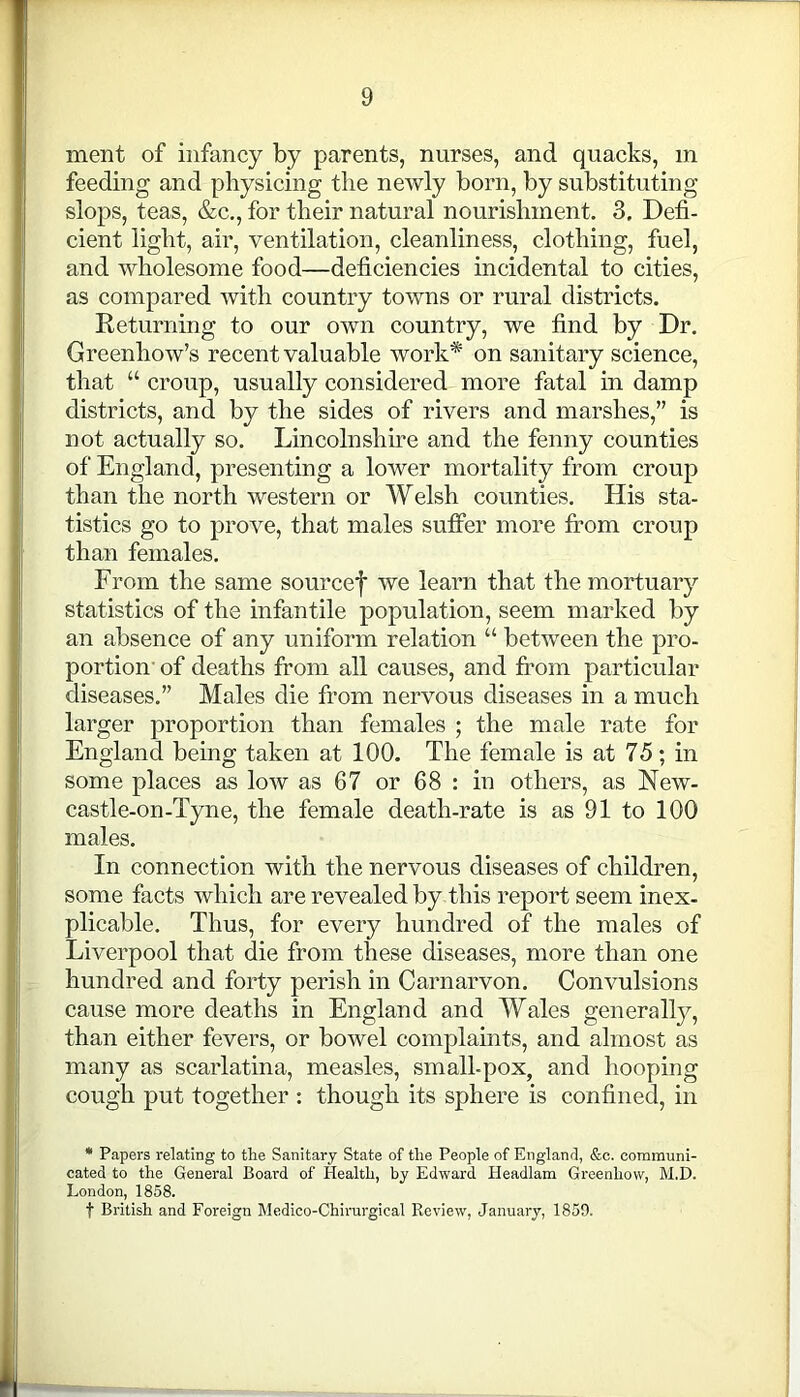 ment of infancy by parents, nurses, and quacks, m feeding and physicing the newly born, by substituting slops, teas, &c., for their natural nourishment. 3, Defi- cient light, air, ventilation, cleanliness, clothing, fuel, and wholesome food—deficiencies incidental to cities, as compared with country towns or rural districts. Returning to our own country, we find by Dr. Greenliow’s recent valuable work* on sanitary science, that “ croup, usually considered more fatal in damp districts, and by the sides of rivers and marshes,” is not actually so. Lincolnshire and the fenny counties of England, presenting a lower mortality from croup than the north western or Welsh counties. His sta- tistics go to prove, that males suffer more from croup than females. From the same sourcef we learn that the mortuary statistics of the infantile population, seem marked by an absence of any uniform relation “ between the pro- portion of deaths from all causes, and from particular diseases.” Males die from nervous diseases in a much larger proportion than females ; the male rate for England being taken at 100. The female is at 75; in some places as low as 67 or 68 : in others, as New- castle-on-Tyne, the female death-rate is as 91 to 100 males. In connection with the nervous diseases of children, some facts which are revealed by this report seem inex- plicable. Thus, for every hundred of the males of Liverpool that die from these diseases, more than one hundred and forty perish in Carnarvon. Convulsions cause more deaths in England and Wales generally, than either fevers, or bowel complaints, and almost as many as scarlatina, measles, small-pox, and hooping cough put together : though its sphere is confined, in * Papers relating to the Sanitary State of the People of England, &c. communi- cated to the General Board of Health, by Edward Headlam Greenhow, M.D. London, 1858. f British and Foreign Medico-Chirurgieal Review, January, 1859.