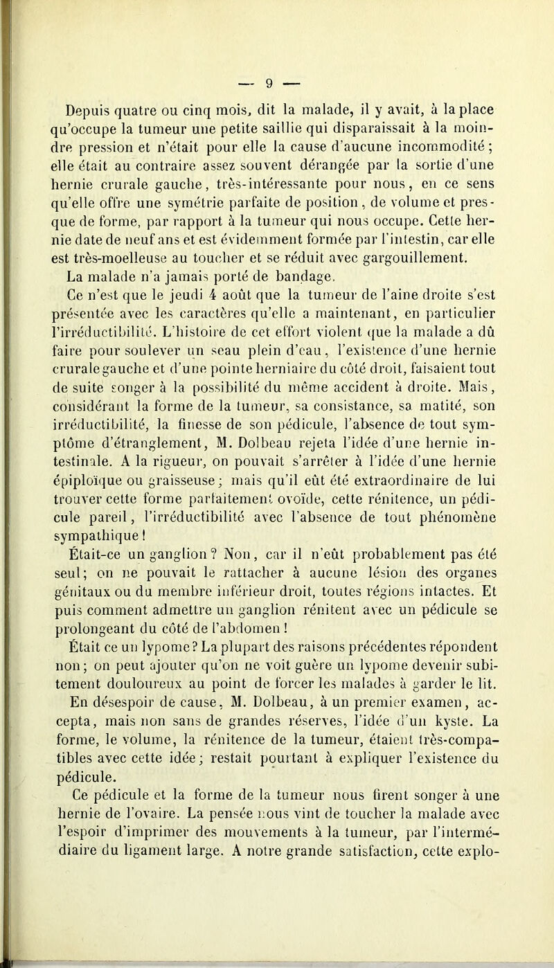 Depuis quatre ou cinq mois, dit la malade, il y avait, à la place qu’occupe la tumeur une petite saillie qui disparaissait à la moin- dre pression et n’était pour elle la cause d'aucune incommodité; elle était au contraire assez souvent dérangée par la sortie d’une hernie crurale gauche, très-intéressante pour nous, en ce sens qu’elle offre une symétrie parfaite de position, de volume et pres- que de forme, par rapport à la tumeur qui nous occupe. Cette her- nie date de neuf ans et est évidemment formée par l’intestin, car elle est très-moelleuse au toucher et se réduit avec gargouillement. La malade n’a jamais porté de bandage. Ce n’est que le jeudi 4 août que la tumeur de l’aine droite s’est présentée avec les caractères qu’elle a maintenant, en particulier l’irréductibilité. L’histoire de cet effort violent que la malade a dû faire pour soulever un seau plein d’eau, l’existence d’une hernie crurale gauche et d’une pointe herniaire du côté droit, faisaient tout de suite songer à la possibilité du même accident à droite. Mais, considérant la forme de la tumeur, sa consistance, sa matité, son irréductibilité, la finesse de son pédicule, l’absence de tout sym- ptôme d’étranglement, M. Dolbeau rejeta l’idée d’une hernie in- testinale. A la rigueur, on pouvait s’arrêter à l’idée d’une hernie épiploïque ou graisseuse; mais qu’il eût été extraordinaire de lui trouver cette forme parfaitement ovoïde, cette rénitence, un pédi- cule pareil, l’irréductibilité avec l’absence de tout phénomène sympathique I Était-ce un ganglion ? Non, car il n’eût probablement pas été seul; on ne pouvait le rattacher à aucune lésion des organes génitaux ou du membre inférieur droit, toutes régions intactes. Et puis comment admettre un ganglion rénitent avec un pédicule se prolongeant du côté de l’abdomen ! Était ce un lypome? La plupart des raisons précédentes répondent non; on peut ajouter qu’on ne voit guère un lypome devenir subi- tement douloureux au point de forcer les malades à garder le lit. En désespoir de cause, M. Dolbeau, à un premier examen, ac- cepta, mais non sans de grandes réserves, l’idée d’un kyste. La forme, le volume, la rénitence de la tumeur, étaient Irès-compa- tibles avec cette idée; restait pourtant à expliquer l’existence du pédicule. Ce pédicule et la forme de la tumeur nous firent songer à une hernie de l’ovaire. La pensée nous vint de toucher la malade avec l’espoir d’imprimer des mouvements à la tumeur, par l’intermé- diaire du ligament large. A notre grande satisfaction, cette explo-