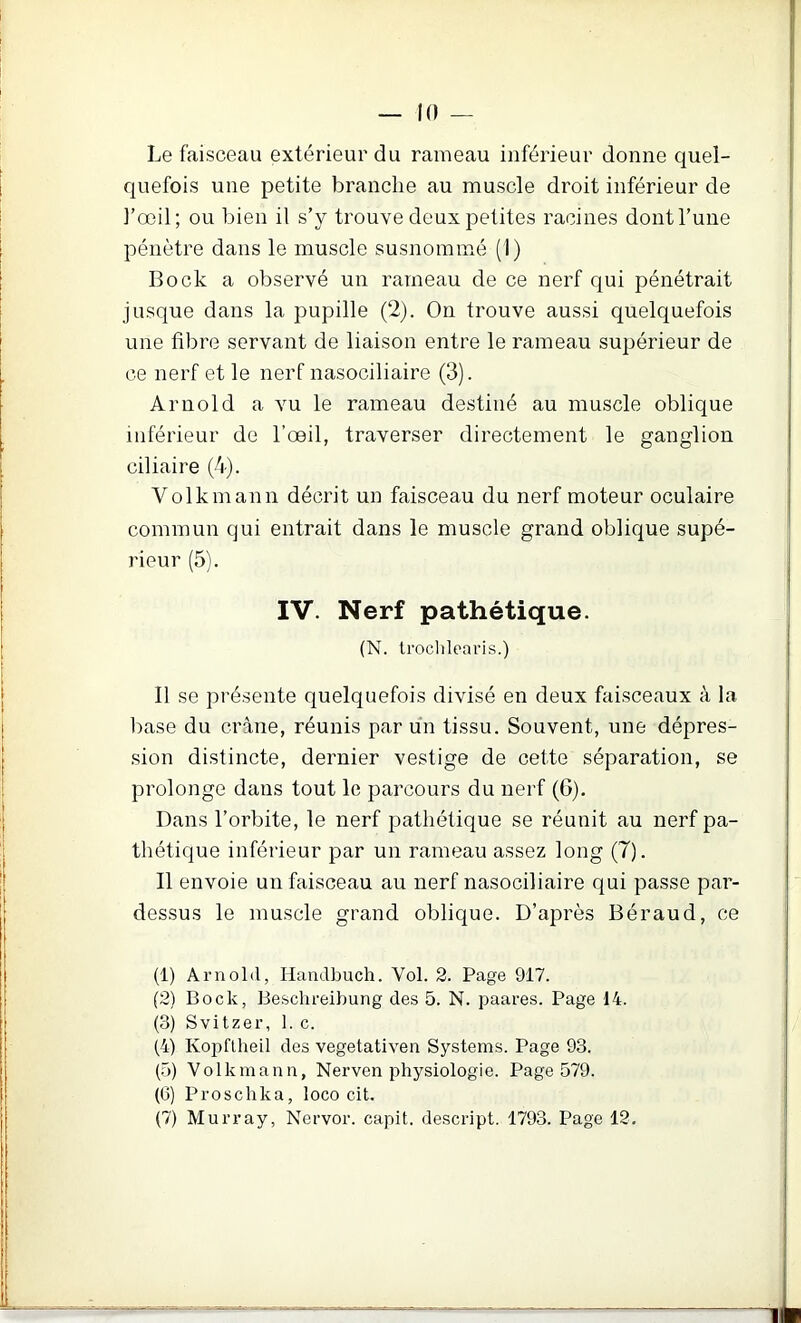 Le faisceau extérieur du rameau inférieur donne quel- quefois une petite branche au muscle droit inférieur de l’œil; ou bien il s’y trouve deux petites racines dontl’uiie pénètre dans le muscle susnommé (1) Bock a observé un rameau de ce nerf qui pénétrait jusque dans la pupille (2). On trouve aussi quelquefois une libre servant de liaison entre le rameau supérieur de ce nerf et le nerf nasociliaire (3). Arnold a vu le rameau destiné au muscle oblique inférieur de l’œil, traverser directement le ganglion ciliaire (4). Volkmann décrit un faisceau du nerf moteur oculaire commun qui entrait dans le muscle grand oblique supé- rieur (5). IV. Nerf pathétique. (N. Iroclilearis.) Il se présente quelquefois divisé en deux faisceaux à la base du crâne, réunis par un tissu. Souvent, une dépres- sion distincte, dernier vestige de cette séparation, se prolonge dans tout le parcours du nerf (6). Dans l’orbite, le nerf pathétique se réunit au nerf pa- thétique inférieur par un rameau assez long (7). Il envoie un faisceau au nerf nasociliaire qui passe par- dessus le muscle grand oblique. D’après Béraud, ce (1) Arnold, Handbuch. Vol. 2. Page 917. (2) Bock, Beschreibung des 5. N. paares. Page 14. (3) Svitzer, 1. c. (4) Kopflheil des vegetativen Systems. Page 93. (5) Volkmann, Nerven physiologie. Page 579. (6) Prosclika, loco cit. (7) Murray, Nervor. capit. descript. 1793. Page 12. L