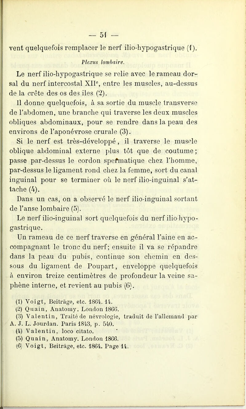 vent quelquefois remplacer le nerf ilio-liypogastrique (1). Plexus lombaire. Le nerf ilio-hypogastrique se relie avec le rameau dor- sal du nerf intercostal XII®, entre les muscles, au-dessus de la crête des os des iles (2). 11 donne quelquefois, à sa sortie du muscle transverse de l’abdomen, une branche qui traverse les deux muscles obliques abdominaux, pour se rendre dans la peau des environs de l’aponévrose crurale (3). Si le nerf est très-développé, il traverse le muscle oblique abdominal externe plus tôt que de coutume ; passe par-dessus le cordon spefmatique chez l’homme, par-dessus le ligament rond chez la femme, sort du canal inguinal pour se terminer où le nerf ilio-inguinal s’at- tache (4). Dans un cas, on a observé le nerf ilio-inguinal sortant de l’anse lombaire (5). Le nerf ilio-inguinal sort quelquefois du nerf ilio hypo- gastrique. Un rameau de ce nerf traverse en général l’aine en ac- compagnant le tronc du nerf; ensuite il va se répandre dans la peau du pubis, continue son chemin en des- sous du ligament de Poupart, enveloppe quelquefois à environ treize centimètres de profondeur la veine sa- phène interne, et revient au pubis (6}. (1) Voigt, Beitrâge, etc. 1864. 14. (2) Quain, Anatoniy. London 1866. (3) Valentin, Traité de névrologie, traduit de l’allemand par A. J. L. Jourdan. Paris 1843, p. 540. (4) Valentin, loco citato. (5) Quain, Anatomy. London 1866. (.6) Voigt, Beitrâge, etc. 1864. Page 14.