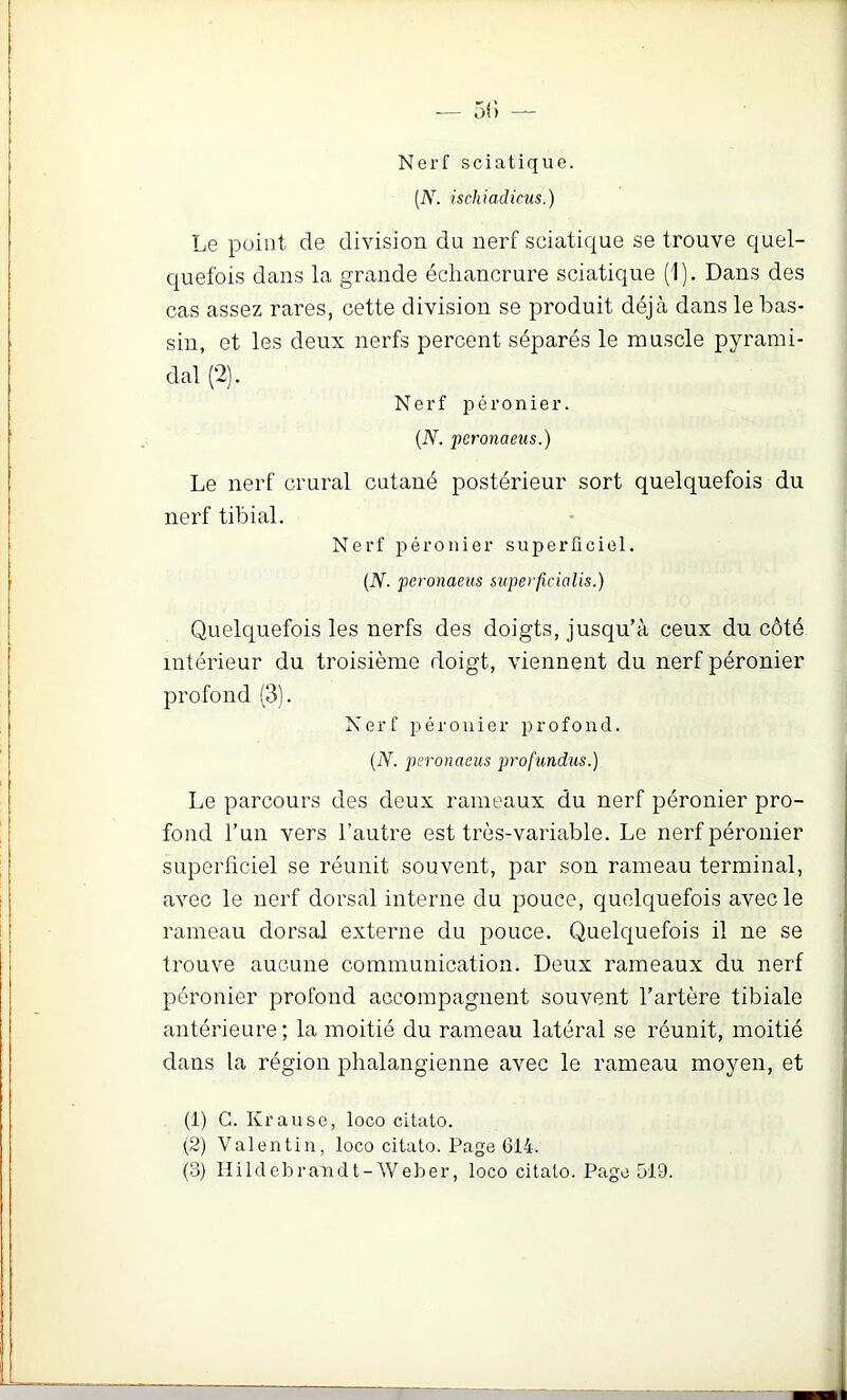 [N. ischiadicus.) Le point de division du nerf sciatique se trouve quel- quefois dans la grande échancrure sciatique (1). Dans des cas assez rares, cette division se produit déjà dans le bas- sin, et les deux nerfs percent séparés le muscle pyrami- dal (2). Nerf péronier. {N. peronaeus.) Le nerf crural cutané postérieur sort quelquefois du nerf tibial. Nerf péronier superficiel. {N- peronaeus superficialis.) Quelquefois les nerfs des doigts, jusqu’à ceux du côté intérieur du troisième doigt, viennent du nerf péronier profond (3). Nerf péronier profond. (jY. peronaeus profundus.) Le parcours des deux rameaux du nerf péronier pro- fond l’un vers l’autre est très-variable. Le nerf péronier superficiel se réunit souvent, par son rameau terminal, avec le nerf dorsal interne du pouce, quelquefois avec le rameau dorsal externe du pouce. Quelquefois il ne se trouve aucune communication. Deux rameaux du nerf péronier profond accompagnent souvent l’artère tibiale antérieure; la moitié du rameau latéral se réunit, moitié dans la région phalangienne avec le rameau moyen, et (i) G. Krause, loco citato. (^2) Valentin, loco citato. Page 614.