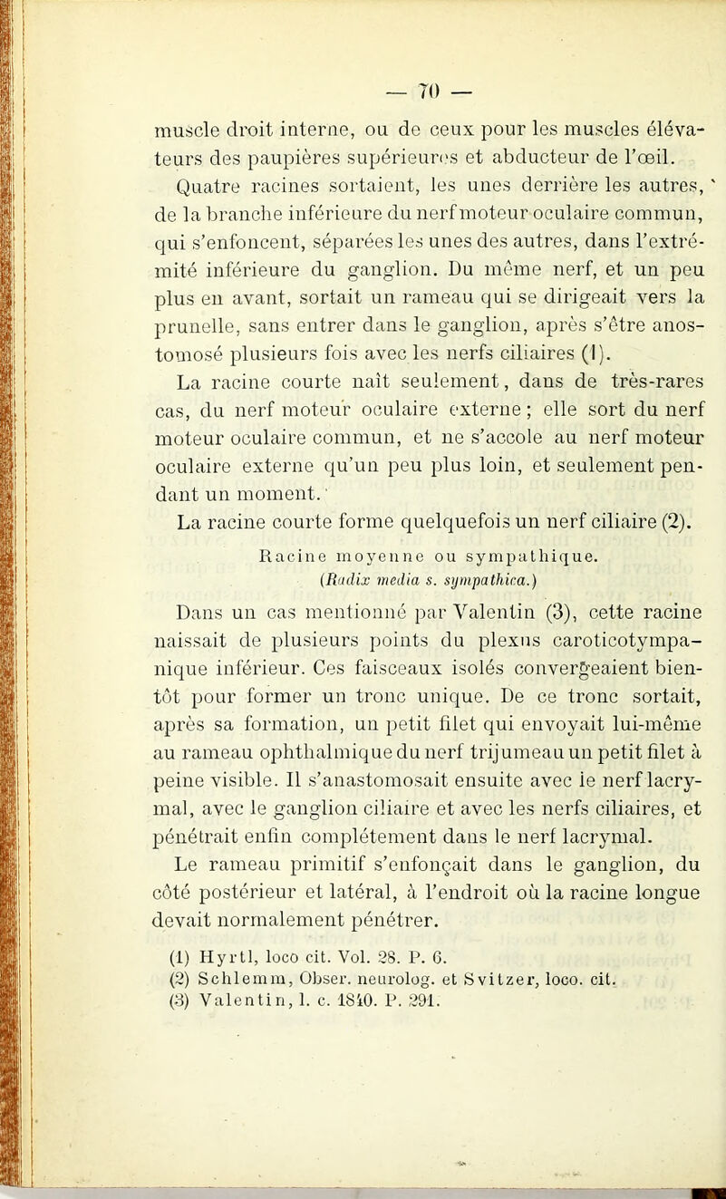 muscle droit interne, ou de ceux pour les muscles éléva- teurs des paupières supérieun.'s et abducteur de l’œil. Quatre racines sortaient, les unes derrière les autres, ' de la branche inférieure du nerf moteur oculaire commun, qui s’enfoncent, séparées les unes des autres, dans l’extré- mité inférieure du ganglion. Du même nerf, et un peu plus en avant, sortait un rameau qui se dirigeait vers la prunelle, sans entrer dans le ganglion, après s’être anos- tomosé plusieurs fois avec les nerfs ciliaires (I). La racine courte naît seulement, dans de très-rares cas, du nerf moteur oculaire externe ; elle sort du nerf moteur oculaire commun, et ne s’accole au nerf moteur oculaire externe qu’un peu plus loin, et seulement pen- dant un moment. ' La racine courte forme quelquefois un nerf ciliaire (2). Racine moyenne ou sympathique. (Radix media s. sympathica.) Dans un cas mentionné par Valentin (3), cette racine naissait de plusieurs points du plexus caroticotympa- nique inférieur. Ces faisceaux isolés convergeaient bien- tôt pour former un tronc unique. De ce tronc sortait, après sa formation, un petit filet qui envoyait lui-même au rameau ophthalmique du nerf trijumeau un petit filet à peine visible. Il s’anastomosait ensuite avec le nerf lacry- mal, avec le ganglion ciliaire et avec les nerfs ciliaires, et pénétrait enfin complètement dans le nerf lacrymal. Le rameau primitif s’enfonçait dans le ganglion, du côté postérieur et latéral, à l’endroit où la racine longue devait normalement pénétrer. (1) Hyrtl, loco cit. Vol. 28. P. 6. (2) Schlemm, Obser. neurolog. et Svitzer, loco. cit, (:3) Valentin, 1. c. 1810. P. 291.