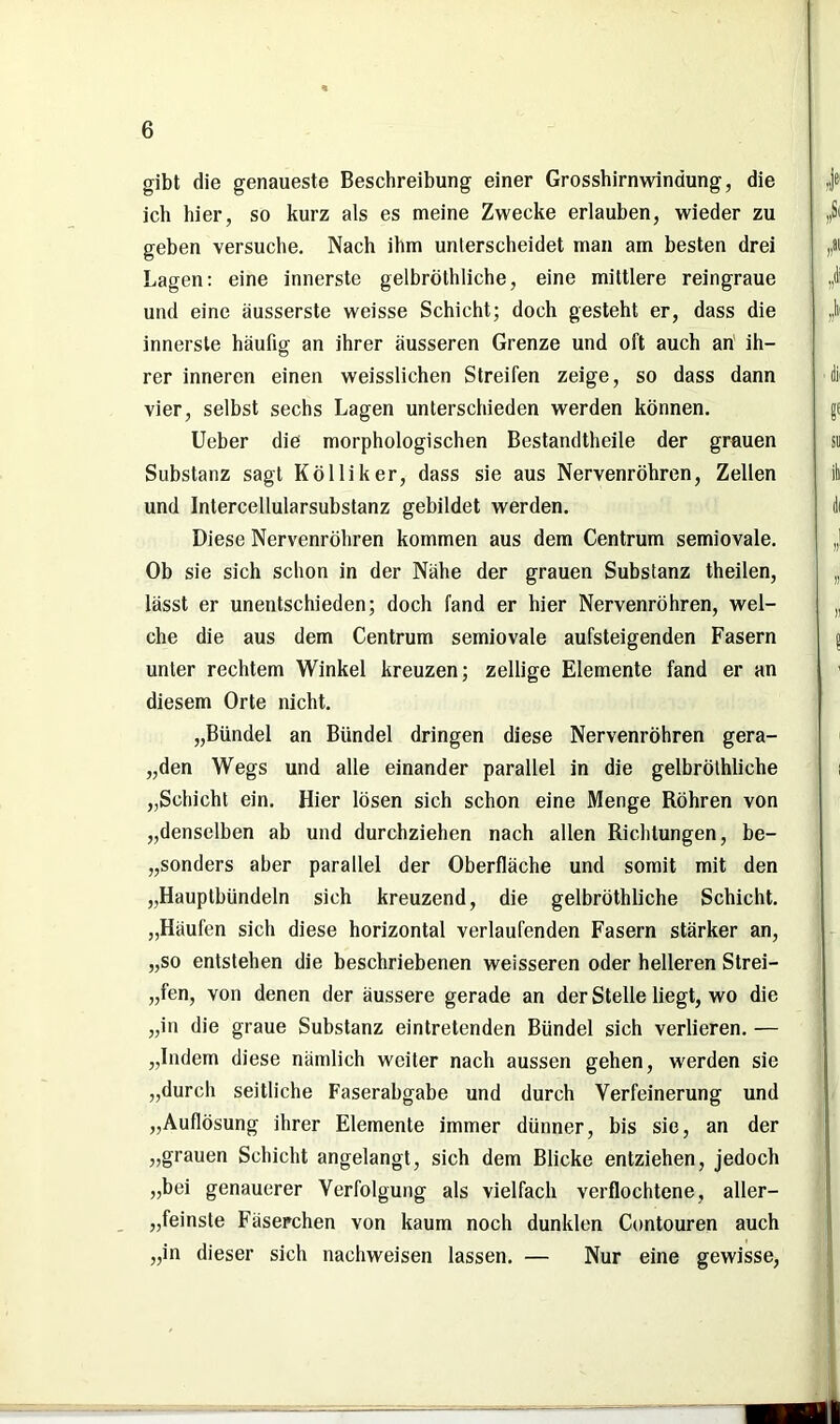 gibt die genaueste Beschreibung einer Grosshirnwindung, die ich hier, so kurz als es meine Zwecke erlauben, wieder zu geben versuche. Nach ihm unterscheidet man am besten drei Lagen: eine innerste gelbröthliche, eine mittlere reingraue und eine äusserste weisse Schicht; doch gesteht er, dass die innerste häufig an ihrer äusseren Grenze und oft auch an' ih- rer inneren einen weisslichen Streifen zeige, so dass dann vier, selbst sechs Lagen unterschieden werden können. Ueber die morphologischen Bestandtheile der grauen Substanz sagt Kölliker, dass sie aus Nervenröhren, Zellen und Intercellularsubstanz gebildet werden. Diese Nervenröhren kommen aus dem Centrum semiovale. Ob sie sich schon in der Nähe der grauen Substanz theilen, lässt er unentschieden; doch fand er hier Nervenröhren, wel- che die aus dem Centrum semiovale aufsteigenden Fasern unter rechtem Winkel kreuzen; zellige Elemente fand er an diesem Orte nicht. „Bündel an Bündel dringen diese Nervenröhren gera- „den Wegs und alle einander parallel in die gelbröthliche „Schicht ein. Hier lösen sich schon eine Menge Röhren von „denselben ab und durchziehen nach allen Richtungen, be- sonders aber parallel der Oberfläche und somit mit den „Hauptbündeln sich kreuzend, die gelbröthliche Schicht. „Häufen sich diese horizontal verlaufenden Fasern stärker an, „so entstehen die beschriebenen weisseren oder helleren Strei- ken, von denen der äussere gerade an der Stelle liegt, wo die „in die graue Substanz eintretenden Bündel sich verlieren. — „Indem diese nämlich weiter nach aussen gehen, werden sie „durch seitliche Faserabgabe und durch Verfeinerung und „Auflösung ihrer Elemente immer dünner, bis sie, an der „grauen Schicht angelangt, sich dem Blicke entziehen, jedoch „bei genauerer Verfolgung als vielfach verflochtene, aller- „feinste Fäserchen von kaum noch dunklen Contouren auch „in dieser sich nachweisen lassen. — Nur eine gewisse,