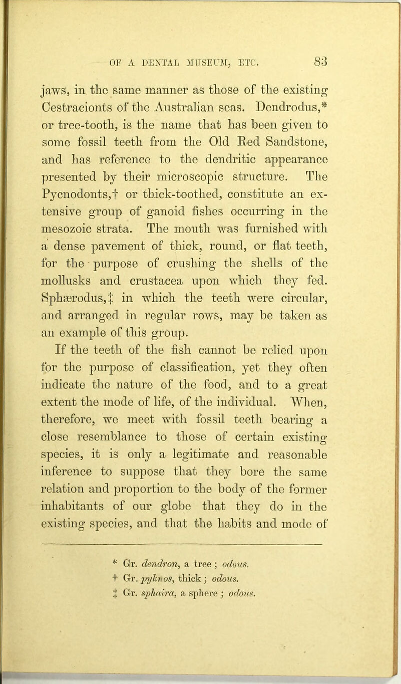 jaws, in tlie same manner as tliose of tlie existing Cestracionts of the Australian seas. Dendrocliis,* or tree-tooth, is the name that has been given to some fossil teeth from the Old Red Sandstone, and has reference to the dendritic appearance presented by their microscopic structure. The Pycnodonts,f or thick-toothed, constitute an ex- tensive group of ganoid fishes occurring in the mesozoic strata. The mouth was furnished Avith a dense pavement of thick, round, or flat teeth, for the purpose of crushing the shells of the mollusks and Crustacea upon which they fed. Sph£erodus,| in which the teeth were circular, and arranged in regular rows, may be taken as an example of this group. If the teeth of the fish cannot be relied upon for the purpose of classification, yet they often indicate the nature of the food, and to a great extent the mode of life, of the individual. When, therefore, we meet with fossil teeth bearing a close resemblance to those of certain existing- o species, it is only a legitimate and reasonable inference to suppose that they bore the same relation and proportion to the body of the former inhabitants of our globe that they do in the existing species, and that the habits and mode of * Gr. clendron, a tree; oclous. + Gr. fylcvos, thick \ odous. t Gr. sphaira, a spliere ; odons.