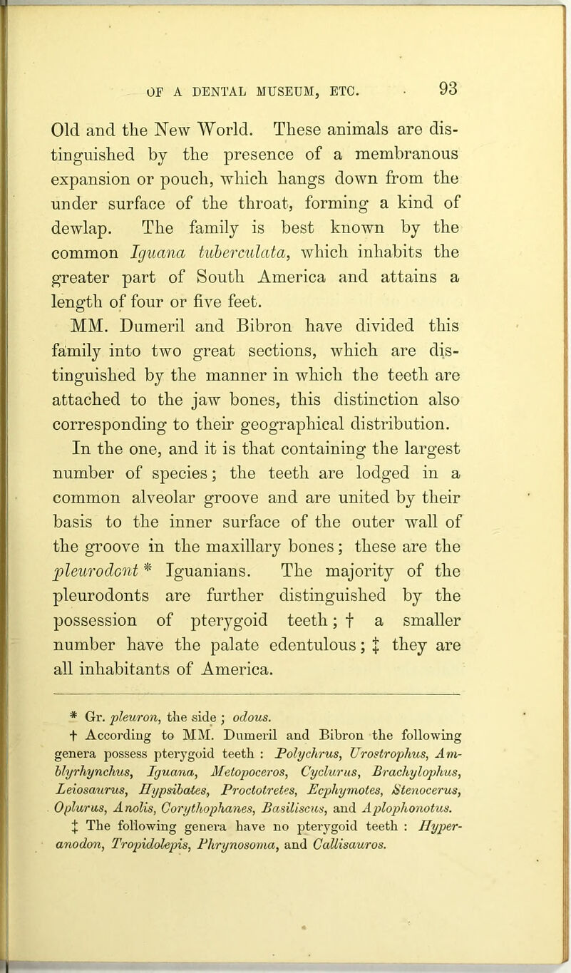 Old and the New World. These animals are dis- tinguished by the presence of a membranous expansion or pouch, which hangs down from the under surface of the throat, forming a kind of dewlap. The family is best known by the common Iguana tuberculata, which inhabits the greater part of South America and attains a length of four or five feet. MM. Dumeril and Bibron have divided this family into two great sections, which are dis- tinguished by the manner in which the teeth are attached to the jaw bones, this distinction also corresponding to their geographical distribution. In the one, and it is that containing the largest number of species; the teeth are lodged in a common alveolar groove and are united by their basis to the inner surface of the outer wall of the groove in the maxillary bones; these are the pleurodont * Tguanians. The majority of the pleurodonts are further distinguished by the possession of pterygoid teeth; f a smaller number have the palate edentulous; + they are all inhabitants of America. * Gr. pleuron, the side ; odous. + According to MM. Dumeril and Bibron the following genera possess pterygoid teeth : Folychrus, Urostrophus, Am- blyrhynchus, Iguana, Metopoceros, Cyclurus, Brachylophus, Leiosaurus, Ilypsihates, Proctotretes, Ecphymotes, istenocerus, Oplurus, Anolis, Gorythophanes, Basiliscus, and Aplophonotus. t The following genera have no pterygoid teeth : Hyper- anodon, Tropidolepis, Fhrynosoma, and Callisauros.
