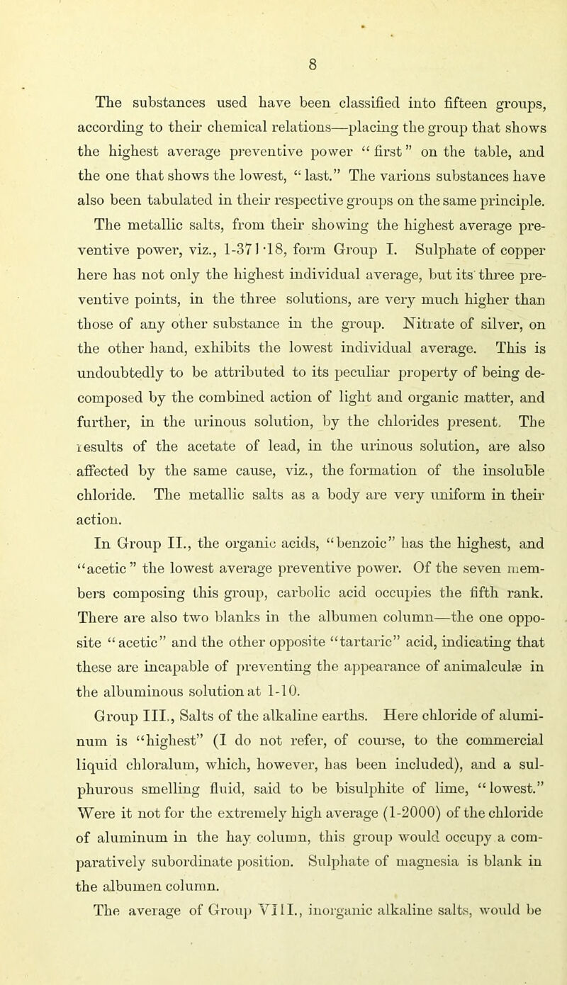 The substances used have been classified into fifteen groups, according to their chemical relations—placing the group that shows the highest average preventive power “ first ” on the table, and the one that shows the lowest, “ last.” The varions substances have also been tabulated in their respective groups on the same principle. The metallic salts, from their showing the highest average pre- ventive power, viz., 1-371'18, form Group I. Sulphate of copper here has not only the highest individual average, but its' three pre- ventive points, in the three solutions, are very much higher than those of any other substance in the group. Nitrate of silver, on the other hand, exhibits the lowest individual average. This is undoubtedly to be attributed to its peculiar jn-opeidy of being de- composed by the combined action of light and organic matter, and further, in the urinous solution, by the chlorides present. The results of the acetate of lead, in the urinous solution, are also affected by the same cause, viz., the formation of the insoluble chloride. The metallic salts as a body are very uniform in their action. In Group II., the organic acids, “benzoic” has the highest, and “acetic” the lowest average preventive power. Of the seven mem- bers composing this group, cai’bolic acid occupies the fifth rank. There are also two blanks in the albumen column—the one oppo- site “acetic” and the other opposite “tartaric” acid, indicating that these are incapable of preventing the ajrpearance of animalculfe in the albuminous solution at 1-10. Group III., Salts of the alkaline earths. Here chloride of alumi- num is “highest” (1 do not refer, of course, to the commercial liquid chloralum, which, however, has been included), and a sul- phurous smelling fluid, said to be bisulphite of lime, “lowest.” Were it not for the extremely high average (1-2000) of the chloride of aluminum in the hay column, this group would occupy a com- paratively subordinate position. Sulphate of magnesia is blank in the albumen column. The average of Grouj) VIII., inorganic alkaline salts, would be