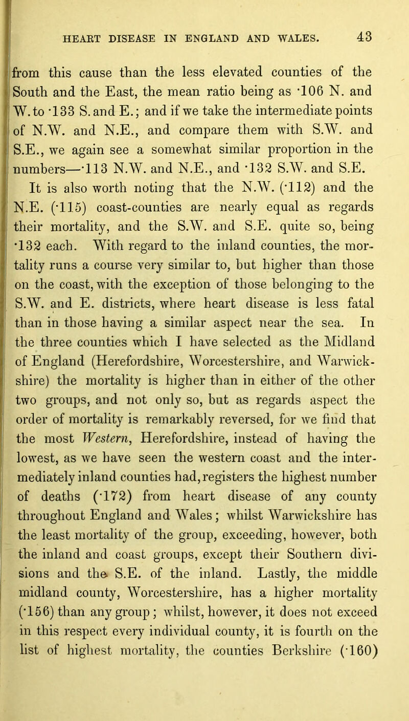 from this cause than the less elevated counties of the South and the East, the mean ratio being as ‘106 N. and IW.to ’183 S. and E.; and if we take the intermediate points of N.W. and N.E., and compare them with S.W. and S.E., we again see a somewhat similar proportion in the : numbers—'113 N.W. and N.E., and ’132 S.W. and S.E. It is also worth noting that the N.W. ('112) and the N.E. ('115) coast-counties are nearly equal as regards their mortality, and the S.W. and S.E. quite so, being '132 each. With regard to the inland counties, the mor- tality runs a course very similar to, but higher than those on the coast, with the exception of those belonging to the S.W. and E. districts, where heart disease is less fatal than in those having a similar aspect near the sea. In the three counties which I have selected as the Midland of England (Herefordshire, Worcestershire, and Warwick- shire) the mortality is higher than in either of the other two groups, and not only so, but as regards aspect the order of mortality is remarkably reversed, for we find that the most Western, Herefordshire, instead of having the lowest, as we have seen the western coast and the inter- mediately inland counties had, registers the highest number of deaths ('172) from heart disease of any county throughout England and Wales; whilst Warwickshire has the least mortality of the group, exceeding, however, both the inland and coast groups, except their Southern divi- sions and th& S.E. of the inland. Lastly, the middle midland county, Worcestershire, has a higher mortality ('156) than any group ; whilst, however, it does not exceed in this respect every individual county, it is fourth on the list of highest mortality, the counties Berkshire ('160)