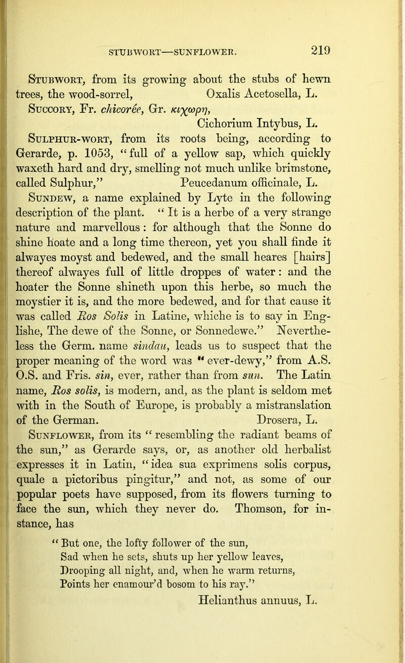 Stubwort, from its growing about tbe stubs of hewn trees, the wood-sorrel, Oxalis Acetosella, L. Succory, Fr. cldcoree, Gr. Ki^copr], Cichorium Intybus, L. Sulphur-wort, from its roots being, according to Gerarde, p. 1053, “ full of a yellow sap, which quickly waxeth hard and dry, smelling not much unlike brimstone, called Sulphur,” Peucedanum officinale, L. Sundew, a name explained by Lyte in the following description of the plant. “ It is a herbe of a very strange nature and marvellous: for although that the Sonne do shine hoate and a long time thereon, yet you shall finde it alwayes moyst and bedewed, and the small heares [hairs] thereof alwayes full of little droppes of water: and the hoater the Sonne shineth upon this herbe, so much the moystier it is, and the more bedewed, and for that cause it was called Ros Solis in Latine, which e is to say in Eng- lishe, The dewe of the Sonne, or Sonnedewe.” Neverthe- less the Germ, name sindau, leads us to suspect that the proper meaning of the word was u ever-dewy,” from A.S. O.S. and Fris. sin, ever, rather than from sun. The Latin name, Ros solis, is modern, and, as the plant is seldom met with in the South of Europe, is probably a mistranslation of the German. Drosera, L. Sunflower, from its “ resembling the radiant beams of 1 the sun,” as Gerarde says, or, as another old herbalist expresses it in Latin, “ idea sua exprimens solis corpus, quale a pictoribus pingitur,” and not, as some of our popular poets have supposed, from its flowers turning to face the sun, which they never do. Thomson, for in- stance, has “ But one, the lofty follower of the sun, Sad when he sets, shuts up her yellow leaves, Drooping all night, and, when he warm returns, Points her enamour’d bosom to his ray.” Helianthus annuus, L.