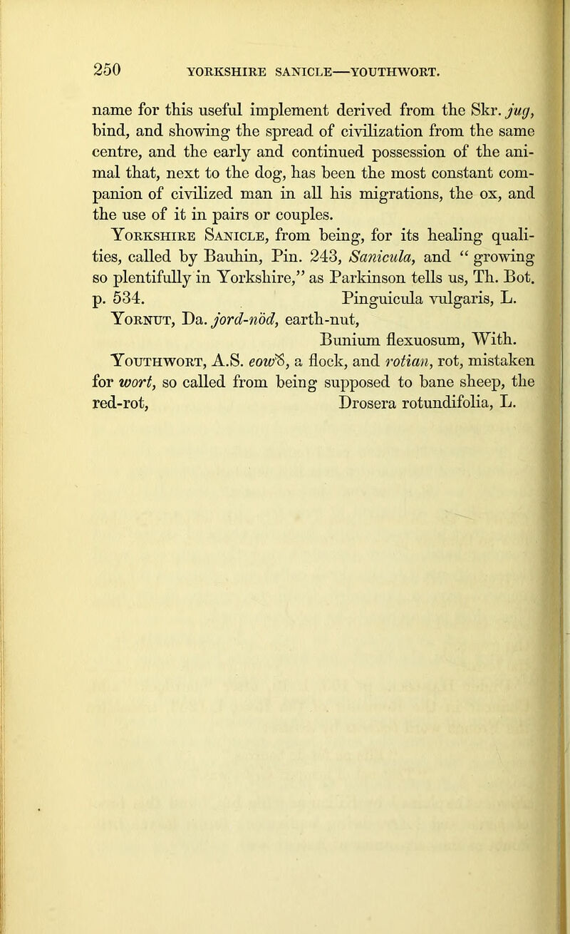 name for this useful implement derived from the Skr. jug, hind, and showing the spread of civilization from the same centre, and the early and continued possession of the ani- mal that, next to the dog, has been the most constant com- panion of civilized man in all his migrations, the ox, and the use of it in pairs or couples. Yorkshire Sanicle, from being, for its healing quali- ties, called by Bauhin, Pin. 243, Sanicula, and “ growing so plentifully in Yorkshire,” as Parkinson tells us, Th. Bot. p. 534. Pinguicula vulgaris, L. Yornut, Da.jord-nod, earth-nut, Bunium flexuosum, With. Youthwort, A.S. eoudt, a flock, and rotian, rot, mistaken for wort, so called from being supposed to bane sheep, the red-rot, Drosera rotundifolia, L.