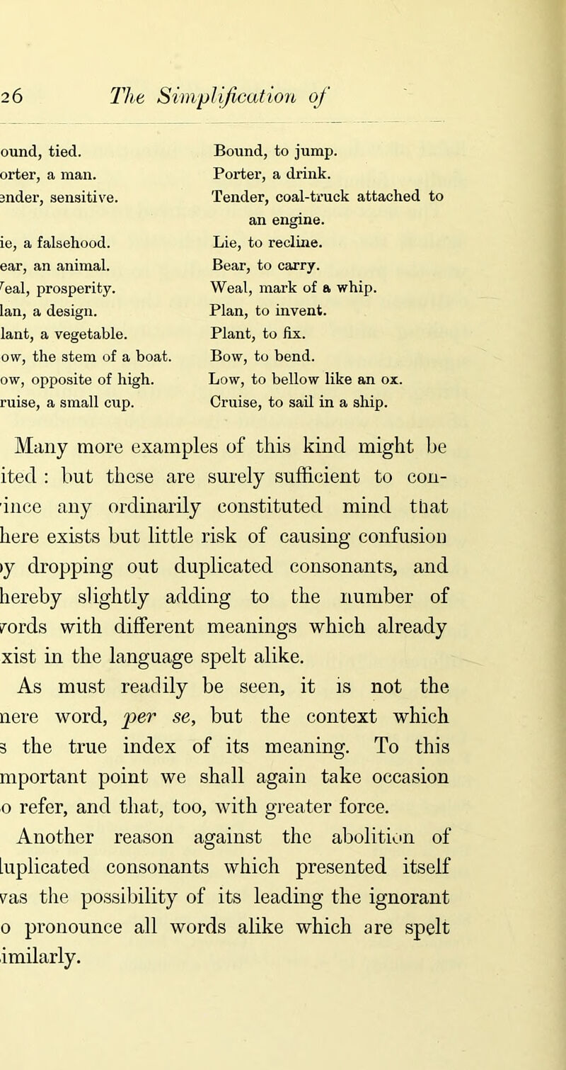 ound, tied, orter, a man. snder, sensitive. Bound, to jump. Porter, a drink. Tender, coal-truck attached to ie, a falsehood, ear, an animal. real, prosperity. Ian, a design, lant, a vegetable, ow, the stem of a boat, ow, opposite of high, ruise, a small cup. an engine. Lie, to recline. Bear, to carry. Weal, mark of a whip. Plan, to invent. Plant, to fix. Bow, to bend. Low, to bellow like an ox. Cruise, to sail in a ship. Many more examples of this kind might be ited : but these are surely sufficient to con- duce any ordinarily constituted mind that here exists but little risk of causing confusion >y dropping out duplicated consonants, and hereby slightly adding to the number of fords with different meanings which already xist in the language spelt alike. As must readily be seen, it is not the nere word, per se, but the context which 3 the true index of its meaning. To this mportant point we shall again take occasion o refer, and that, too, with greater force. Another reason against the abolition of Implicated consonants which presented itself fas the possibility of its leading the ignorant o pronounce all words alike which are spelt imilarly.