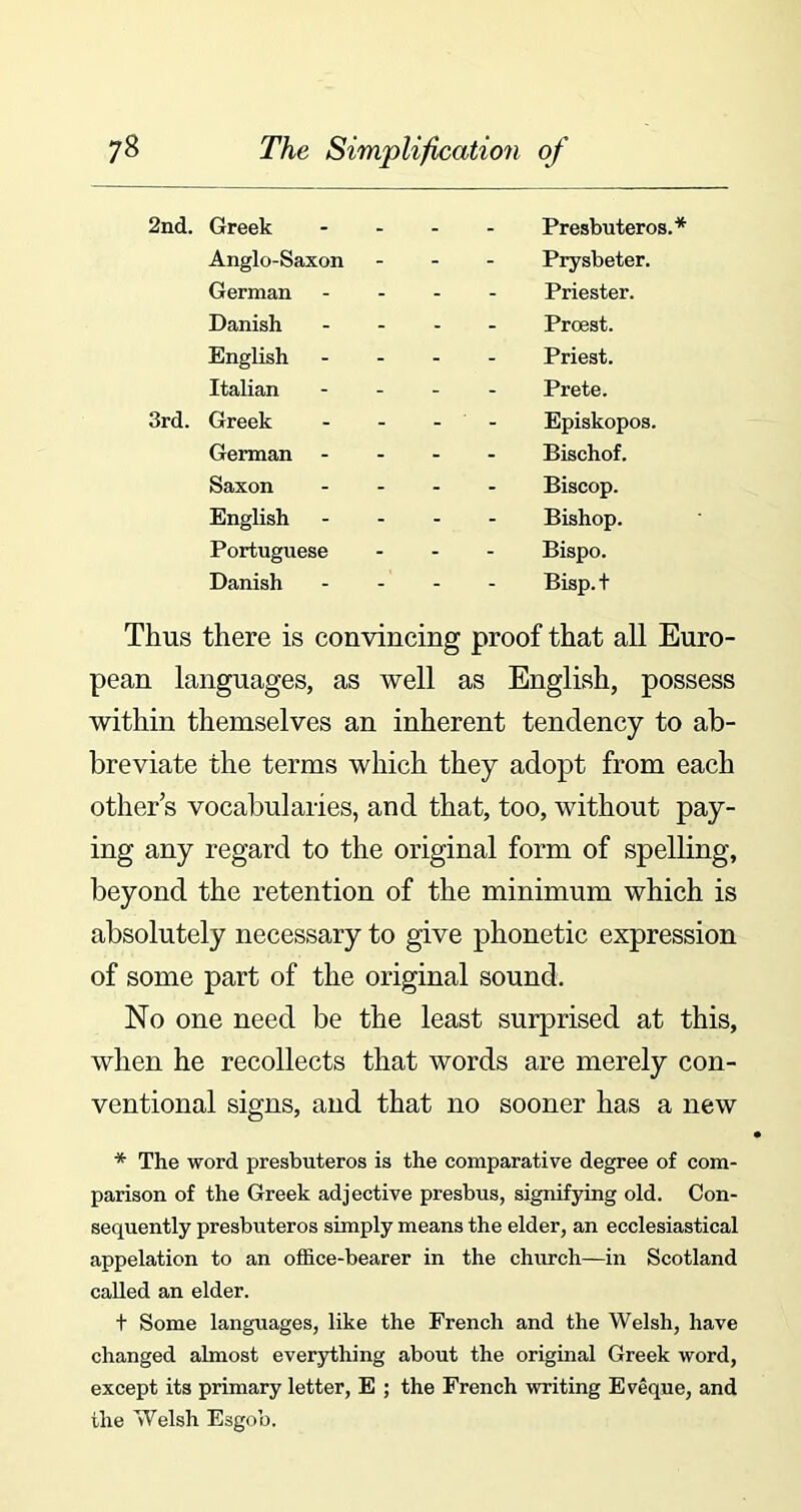 Greek Presbuteros.* Anglo-Saxon Prysbeter. German Priester. Danish Prcest. English Priest. Italian Prete. Greek Episkopos. German Bischof. Saxon Biscop. English Bishop. Portuguese Bispo. Danish Bisp. t Thus there is convincing proof that all Euro- pean languages, as well as English, possess within themselves an inherent tendency to ab- breviate the terms which they adopt from each other’s vocabularies, and that, too, without pay- ing any regard to the original form of spelling, beyond the retention of the minimum which is absolutely necessary to give phonetic expression of some part of the original sound. No one need be the least surprised at this, when he recollects that words are merely con- ventional signs, and that no sooner has a new * The word presbuteros is the comparative degree of com- parison of the Greek adjective presbus, signifying old. Con- sequently presbuteros simply means the elder, an ecclesiastical appelation to an office-bearer in the church—in Scotland called an elder. t Some languages, like the French and the Welsh, have changed almost everything about the original Greek word, except its primary letter, E ; the French writing Eveqne, and the Welsh Esgob.