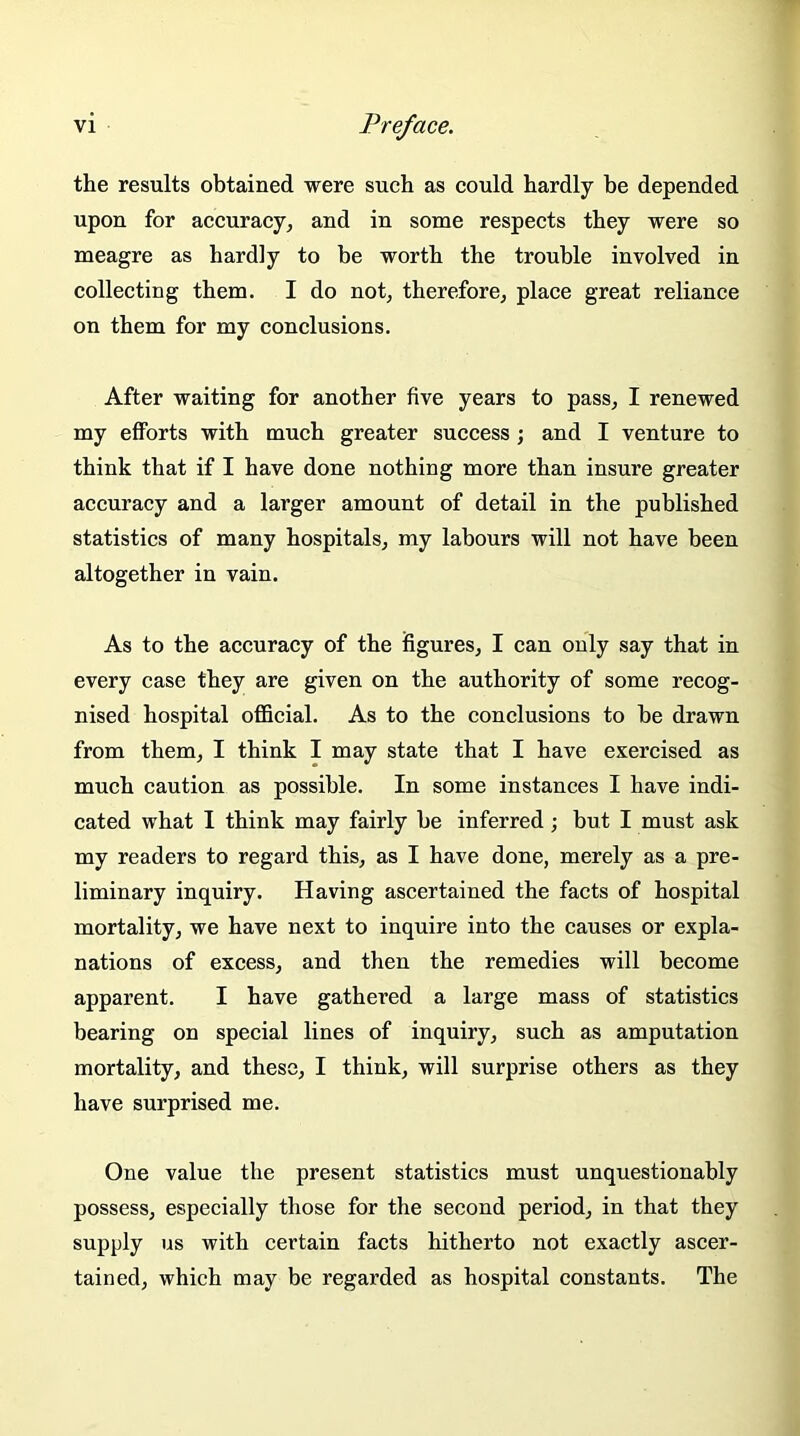 the results obtained were such as could hardly be depended upon for accuracy, and in some respects they were so meagre as hardly to be worth the trouble involved in collecting them. I do not, therefore, place great reliance on them for my conclusions. After waiting for another five years to pass, I renewed my efforts with much greater success ; and I venture to think that if I have done nothing more than insure greater accuracy and a larger amount of detail in the published statistics of many hospitals, my labours will not have been altogether in vain. As to the accuracy of the figures, I can only say that in every case they are given on the authority of some recog- nised hospital official. As to the conclusions to be drawn from them, I think I may state that I have exercised as much caution as possible. In some instances I have indi- cated what I think may fairly be inferred; but I must ask my readers to regard this, as I have done, merely as a pre- liminary inquiry. Having ascertained the facts of hospital mortality, we have next to inquire into the causes or expla- nations of excess, and then the remedies will become apparent. I have gathered a large mass of statistics bearing on special lines of inquiry, such as amputation mortality, and these, I think, will surprise others as they have surprised me. One value the present statistics must unquestionably possess, especially those for the second period, in that they supply us with certain facts hitherto not exactly ascer- tained, which may be regarded as hospital constants. The