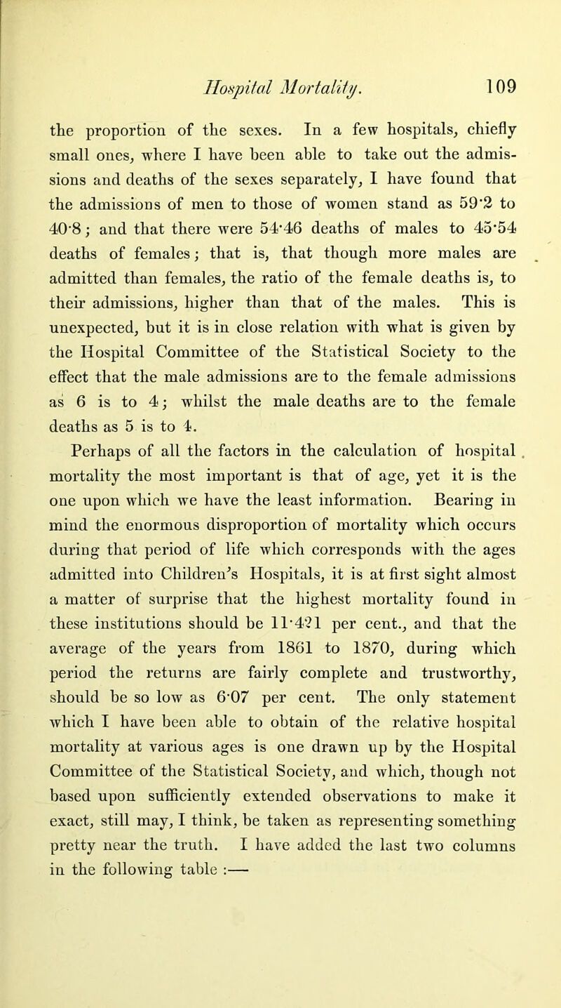 the proportion of the sexes. In a few hospitals, chiefly small ones, where I have been able to take out the admis- sions and deaths of the sexes separately, I have found that the admissions of men to those of women stand as 59'2 to 40'8; and that there were 54’46 deaths of males to 45'54 deaths of females; that is, that though more males are admitted than females, the ratio of the female deaths is, to their admissions, higher than that of the males. This is unexpected, but it is in close relation with what is given by the Hospital Committee of the Statistical Society to the effect that the male admissions are to the female admissions as 6 is to 4; whilst the male deaths are to the female deaths as 5 is to 4. Perhaps of all the factors in the calculation of hospital mortality the most important is that of age, yet it is the one upon which we have the least information. Bearing in mind the enormous disproportion of mortality which occurs during that period of life which corresponds with the ages admitted into Children's Hospitals, it is at first sight almost a matter of surprise that the highest mortality found in these institutions should be IP421 per cent., and that the average of the years from 1861 to 1870, during which period the returns are fairly complete and trustworthy, should be so low as 6-07 per cent. The only statement which I have been able to obtain of the relative hospital mortality at various ages is one drawn up by the Hospital Committee of the Statistical Society, and which, though not based upon sufficiently extended observations to make it exact, still may, I think, be taken as representing something pretty near the truth. I have added the last two columns in the following table :—