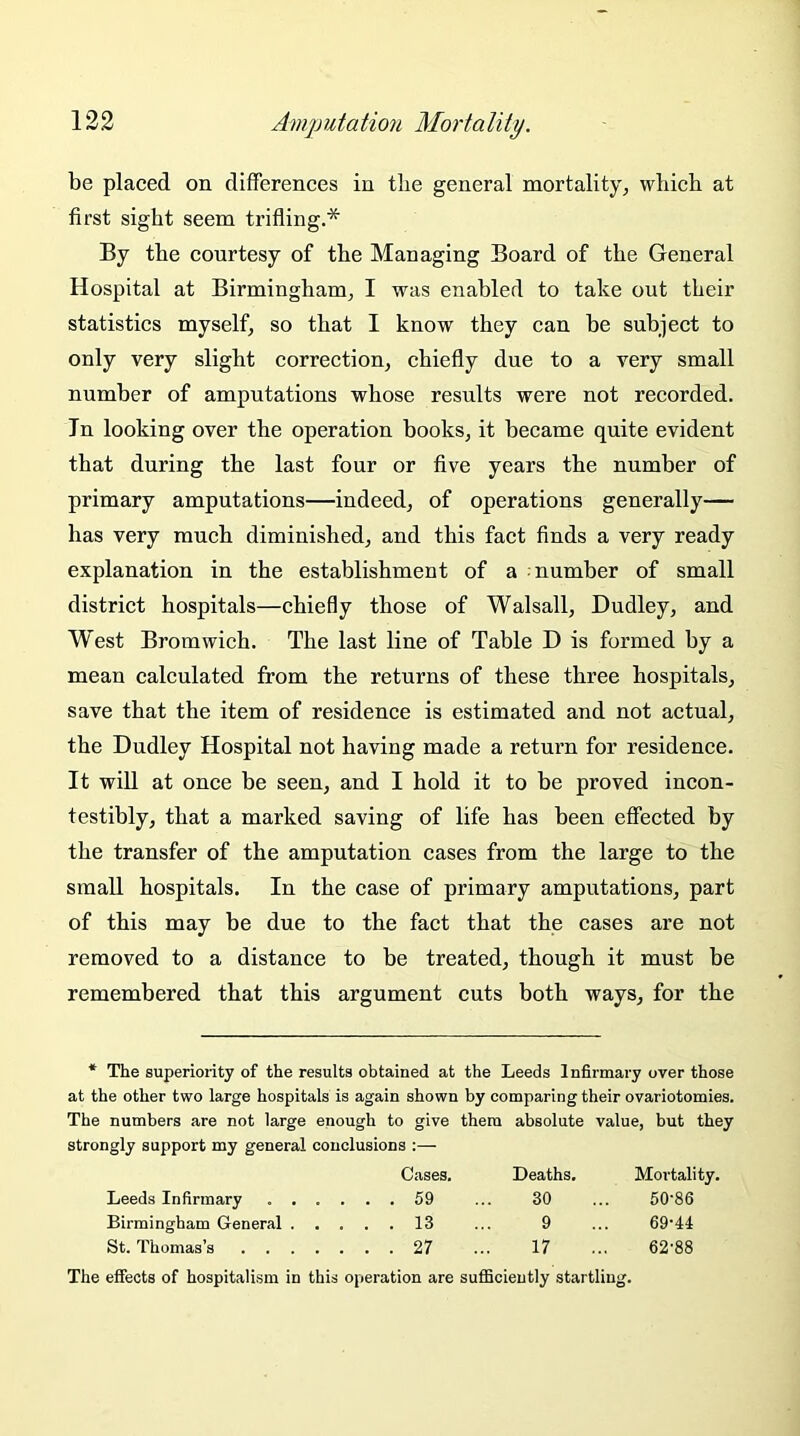 be placed on differences in the general mortality, which at first sight seem trifling.* By the courtesy of the Managing Board of the General Hospital at Birmingham, I was enabled to take out their statistics myself, so that I know they can be subject to only very slight correction, chiefly due to a very small number of amputations whose results were not recorded. In looking over the operation books, it became quite evident that during the last four or five years the number of primary amputations—indeed, of operations generally— has very much diminished, and this fact finds a very ready explanation in the establishment of a number of small district hospitals—chiefly those of Walsall, Dudley, and West Bromwich. The last line of Table D is formed by a mean calculated from the returns of these three hospitals, save that the item of residence is estimated and not actual, the Dudley Hospital not having made a return for residence. It will at once be seen, and I hold it to be proved incon- testibly, that a marked saving of life has been effected by the transfer of the amputation cases from the large to the small hospitals. In the case of primary amputations, part of this may be due to the fact that the cases are not removed to a distance to be treated, though it must be remembered that this argument cuts both ways, for the * The superiority of the results obtained at the Leeds Infirmary over those at the other two large hospitals is again shown by comparing their ovariotomies. The numbers are not large enough to give them absolute value, but they strongly support my general conclusions :— Cases. Deaths. Mortality. Leeds Infirmary . . .... 59 30 50-86 Birmingham General . .... 13 9 69-44 St. Thomas’s .... 27 17 62-88 The effects of hospitalism in this operation are sufficiently startling.