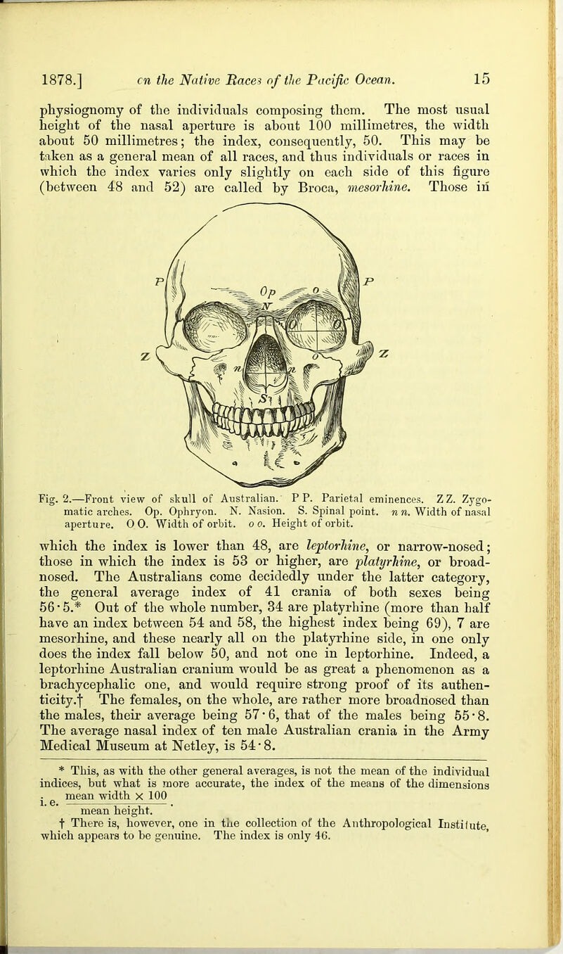 physiognomy of the individuals composing them. The most usual height of the nasal aperture is about 100 millimetres, the width about 50 millimetres; the index, consequently, 50. This may be taken as a general mean of all races, and thus individuals or races in which the index varies only slightly on each side of this figure (between 48 and 52) are called by Broca, mesorhine. Those in Fig. 2.—Front view of skull of Australian. P P. Parietal eminences. ZZ. Zygo- matic arches. Op. Ophryon. N. Nasion. S. Spinal point, n n. Width of nasal aperture. 0 0. Width of orbit, o o. Height of orbit. which the index is lower than 48, are leptorhine, or narrow-nosed; those in which the index is 53 or higher, are platyrhine, or broad- nosed. The Australians come decidedly under the latter category, the general average index of 41 crania of both sexes being 56 • 5.* Out of the whole number, 34 are platyrhine (more than half have an index between 54 and 58, the highest index being 69), 7 are mesorhine, and these nearly all on the platyrhine side, in one only does the index fall below 50, and not one in leptorhine. Indeed, a leptorhine Australian cranium would be as great a phenomenon as a brachycephalic one, and would require strong proof of its authen- ticity.! The females, on the whole, are rather more broadnosed than the males, their average being 57 • 6, that of the males being 55 • 8. The average nasal index of ten male Australian crania in the Army Medical Museum at Netley, is 54 • 8. * This, as with the other general averages, is not the mean of the individual indices, but what is more accurate, the index of the means of the dimensions mean width x 100 1. e. =—— . mean height. t There is, however, one in the collection of the Anthropological Instilute which appears to be genuine. The index is only 46.