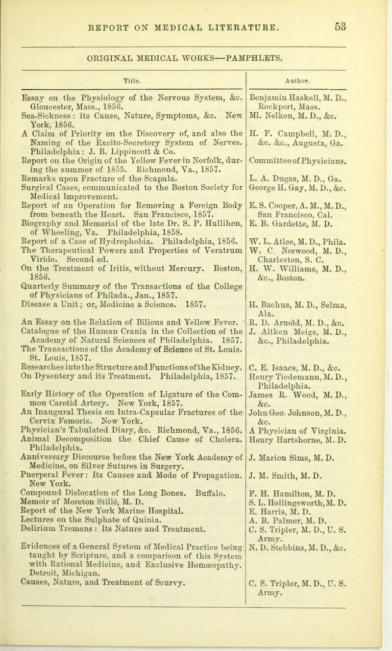 ORIGINAL MEDICAL WORKS—PAMPHLETS. Title. Anther. Essay on the Physiology of the Nervous System, &c. Gloucester, Mass., 1856. Sea-Sickness: its Cause, Nature, Symptoms, &c. New York, 1856. A Claim of Priority on the Discovery of, and also the Naming of the Excito-Secretory System of Nerves. Philadelphia: J. B. Lippincott & Co. Report on the Origin of the Yellow Fever in Norfolk, dur- ing the summer of 1855. Richmond, Va., 1857. Remarks upon Fracture of the Scapula. Surgical Cases, communicated to the Boston Society for Medical Improvement. Report of an Operation for Removing a Foreign Body from beneath the Heart. San Francisco, 1857. Biography and Memorial of the late Dr. S. P. Hullihen, of Wheeling, Va. Philadelphia, 1858. Report of a Case of Hydrophobia. Philadelphia, 1856. The Therapeutical Powers and Properties of Veratrum Viride. Second ed. On tjie Treatment of Iritis, without Mercury. Boston, 1856. Quarterly Summary of the Transactions of the College of Physicians of Philada., Jan., 1857. Disease a Unit; or. Medicine a Science. 1857. An Essay on the Relation of Bilious and Yellow Fever. ■ Catalogue of the Human Crania in the Collection of the Academy of Natural Sciences of Philadelphia. 1857. The Transactions of the Academy of Science of St. Louis. St. Louis, 1857. Researches into the Structure and Functions of the Kidney. On Dysentery and its Treatment. Philadelphia, 1857. Early History of the Operation of Ligature of the Com- mon Carotid Artery. New York, 1857. An Inaugural Thesis on Intra-Caps ular Fractures of the Cervix Femoris. New York. Physician’s Tabulated Diary, &c. Richmond, Va., 1856. Animal Decomposition the Chief Cause of Cholera. Philadelphia. Anniversary Discourse before the New York Academy of Medicine, on Silver Sutures in Surgery. Puerperal Fever: Its Causes and Mode of Propagation. New York. Compound Dislocation of the Long Bones. Buffalo. Memoir of Moreton Stille, M. D. Report of the New York Marine Hospital. Lectures on the Sulphate of Quinia. Delirium Tremens : Its Nature and Treatment. Evidences of a General System of Medical Practice being taught by Scripture, and a comparison of this System with Rational Medicine, and Exclusive Homoeopathy. Detroit, Michigan. Causes, Nature, and Treatment of Scurvy. Benjamin Haskell, M. D., Rockport, Mass. Ml. Nelken, M. D., &c; H. F. Campbell, M. D., &c. &c., Augusta, Ga. Committee of Physicians. L. A. Dugas, M. D., Ga. George H. Gay, M. D., &c. E. S. Cooper, A. M., M. D., San Francisco, Cal. E. B. Gardette, M. D. W. L. Atlee, M. D., Phila, W. C. Norwood, M. D., Charleston, S. C. H. IV. Williams, M. D., &c., Boston. H. Bachus, M. D., Selma, Ala. R. D. Arnold, M. D.,&c. J. Aitken Meigs, M. D., &c., Philadelphia. C. E. Isaacs, M. D., &c. Henry Tiedemann, M. D., Philadelphia. James R. Wood, M. D., &c. John Geo. Johnson, M. D., &c. A Physician of Virginia. Henry Hartshorne, M. D. J. Marion Sims, M. D. J. M. Smith, M. D. F. H. Hamilton, M. D. S. L. Hollingsworth,M. D. E. Harris, M. D. A. B. Palmer, M. D. C. S. Tripler, M. D., U. S. Army. N. D. Stebbins, M. D., &c. C. S. Tripler, M. D., U. S. Army.